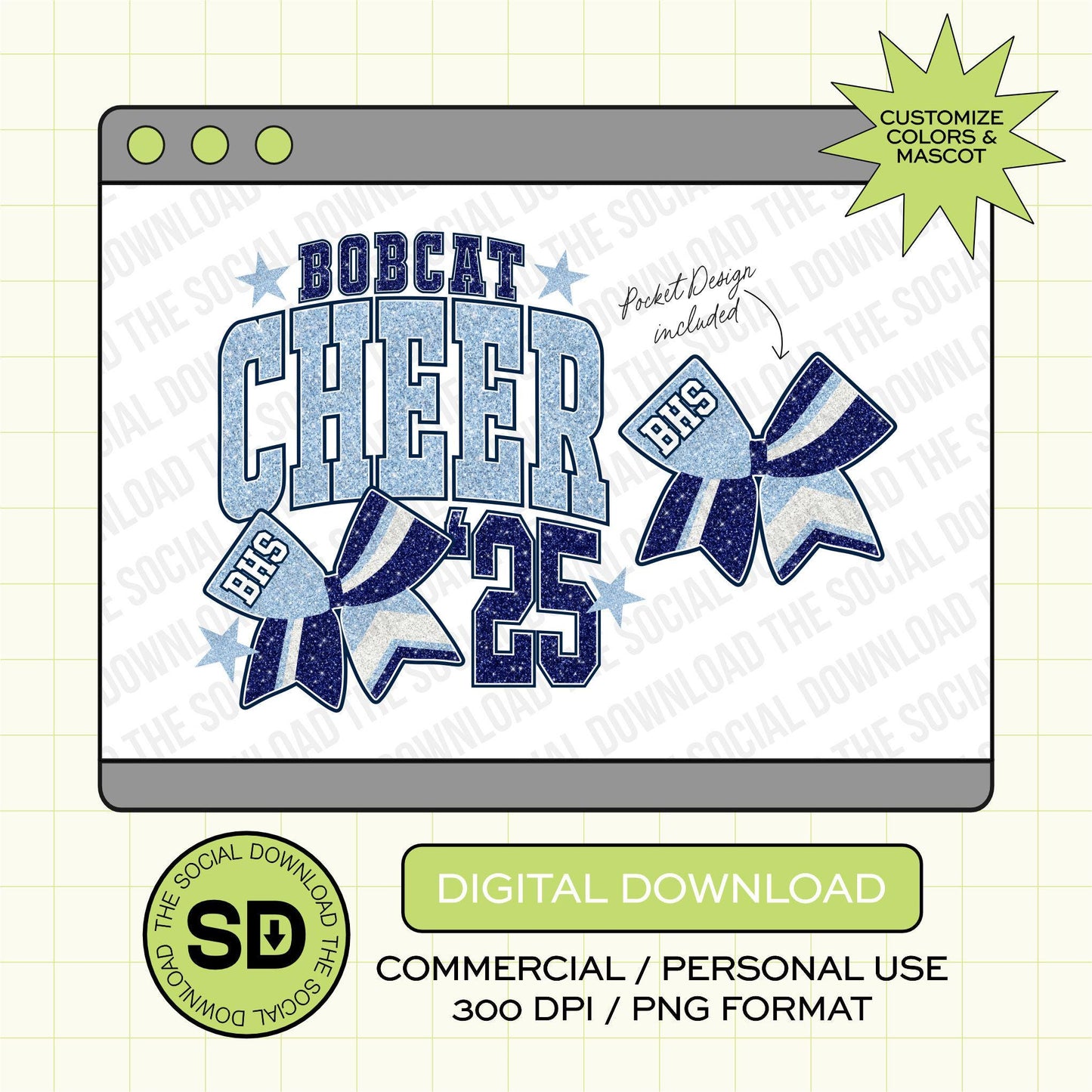 Faux Glitter Front and Back Cheer Custom School Spirit PNG Download File, Cheer Mascot png, custom school png, DTF, Sublimation, (CHEER1013)
