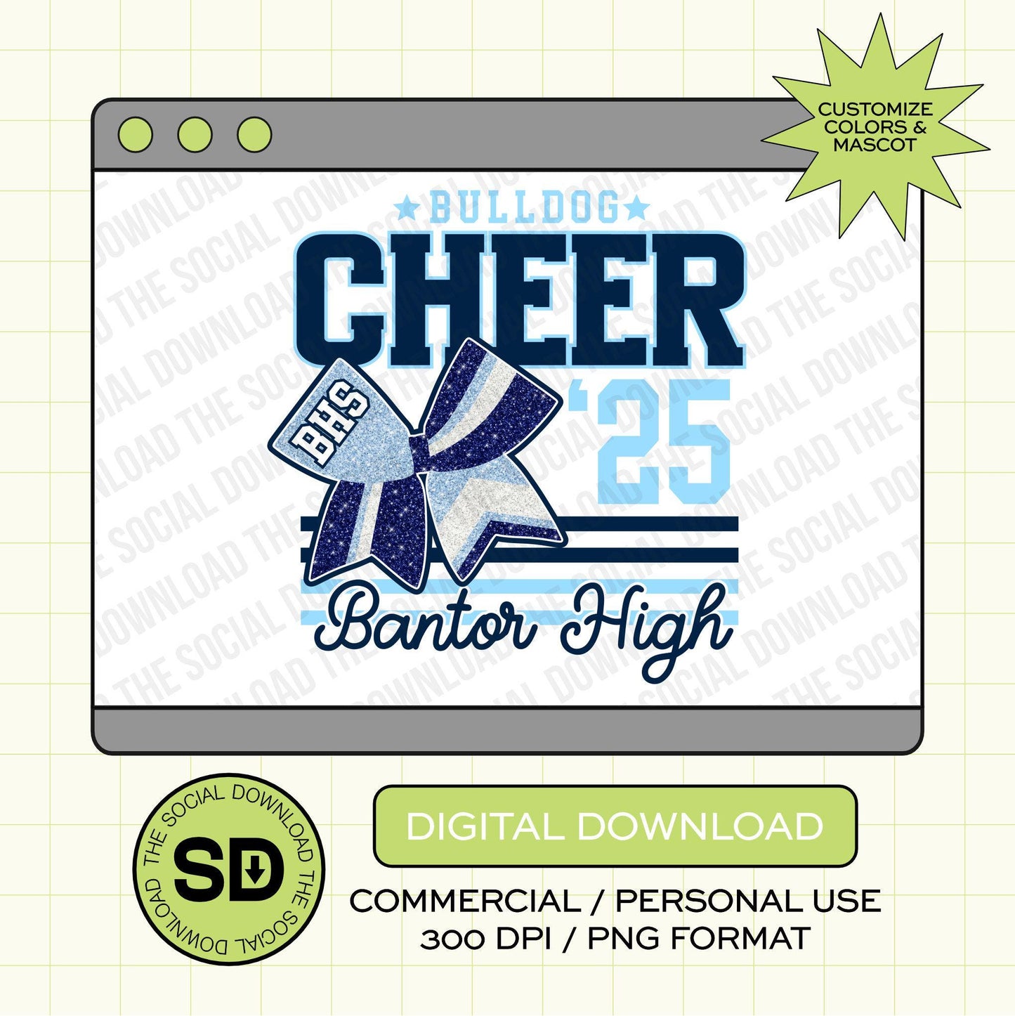 Faux Flitter Cheer Badge Custom School Spirit PNG Download File, Cheer Mascot png, custom school png, DTF, Sublimation, (CHEER1022)