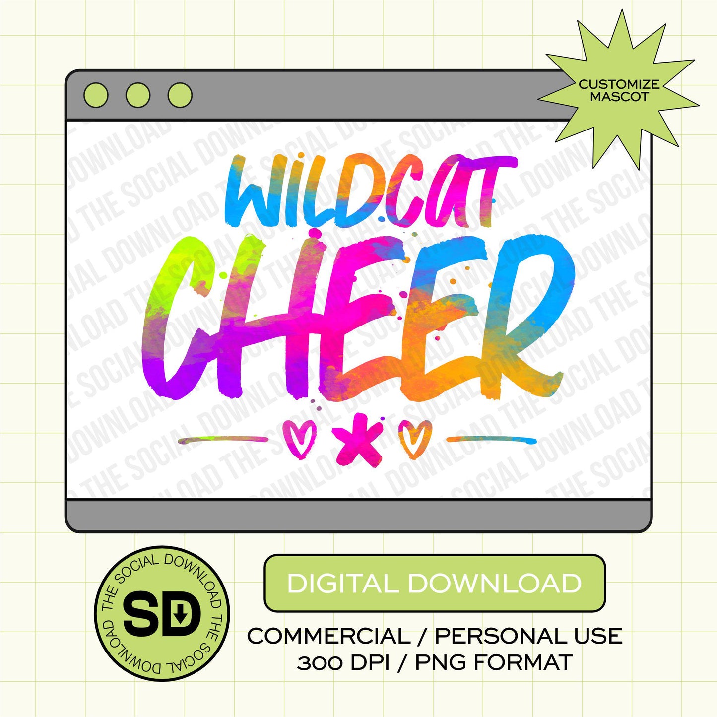 Neon Splatter Custom Cheer School Spirit PNG Download File, Cheer Mascot png, custom school png, DTF, Sublimation, (CHEER1028)
