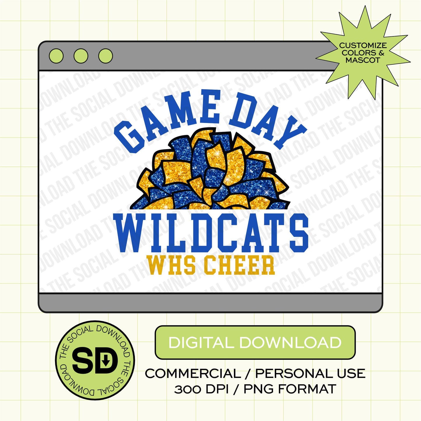 Arched Game Day Glitter Cheer Pom Custom School Spirit PNG Download File, Cheer Mascot png, custom school png, DTF, Sublimation, (CHEER1025)