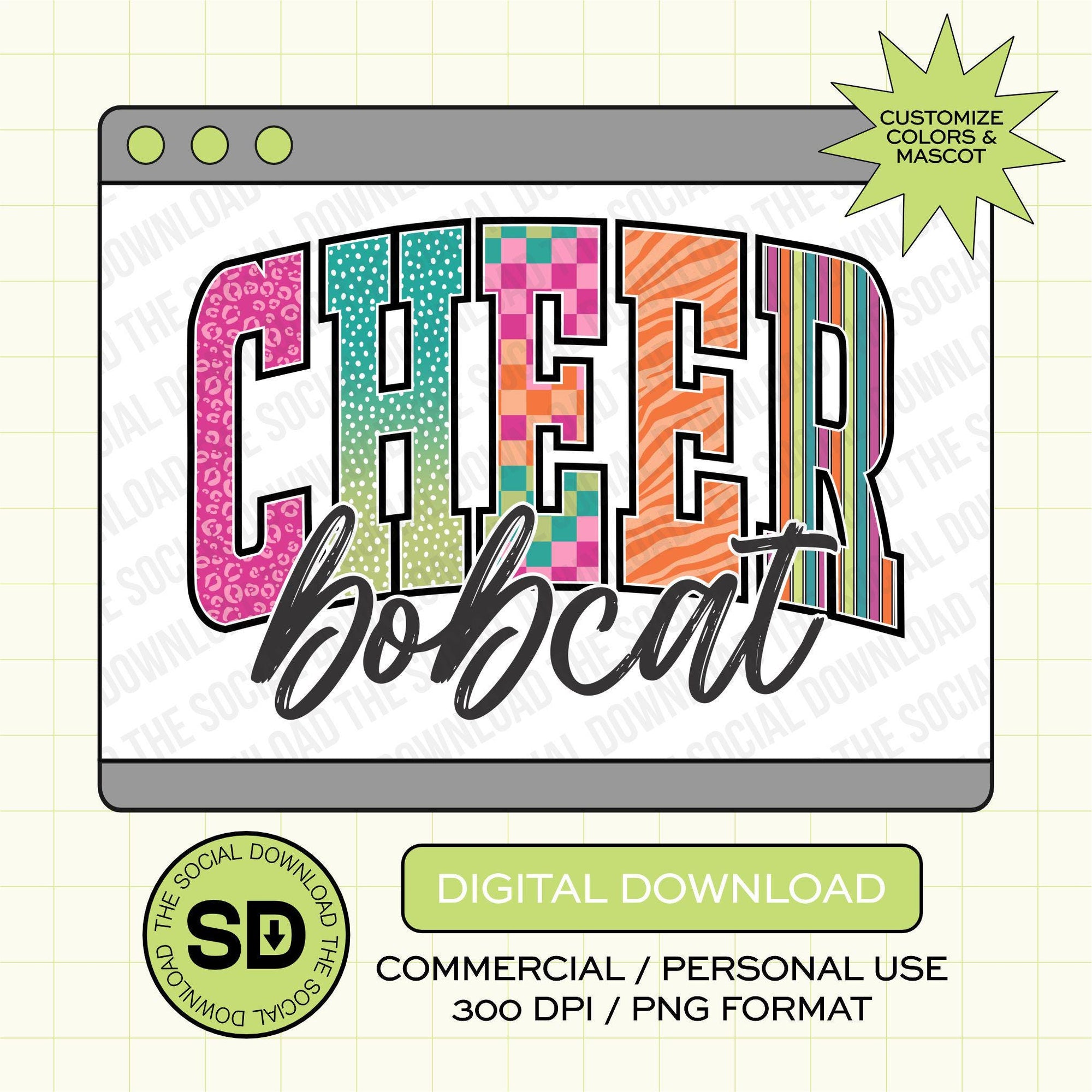 Colorful 'CHEER bobcat' design on a digital download graphic with customization options.