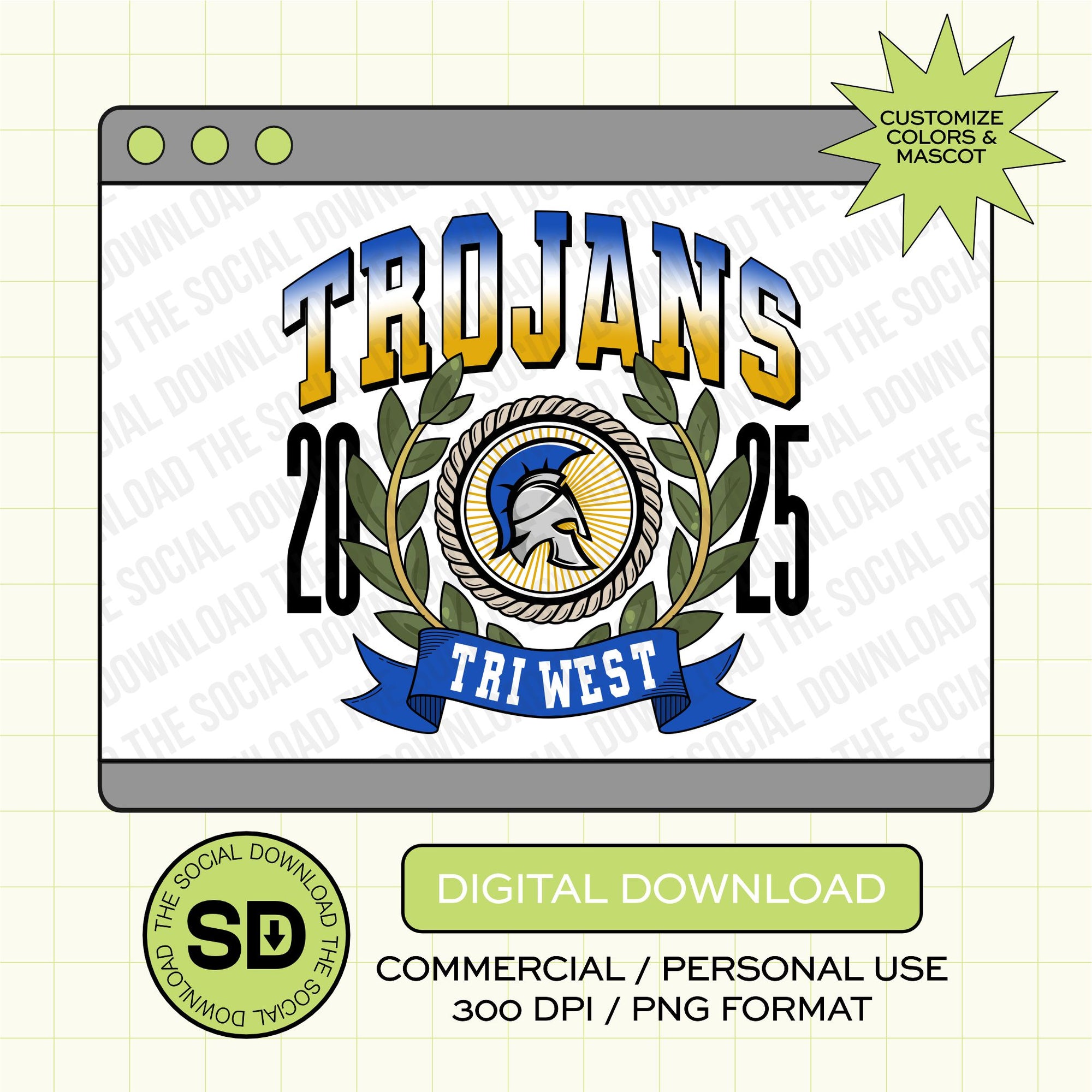 Vintage Laurel Wreath Mascot Custom School Spirit PNG File (SW1139)