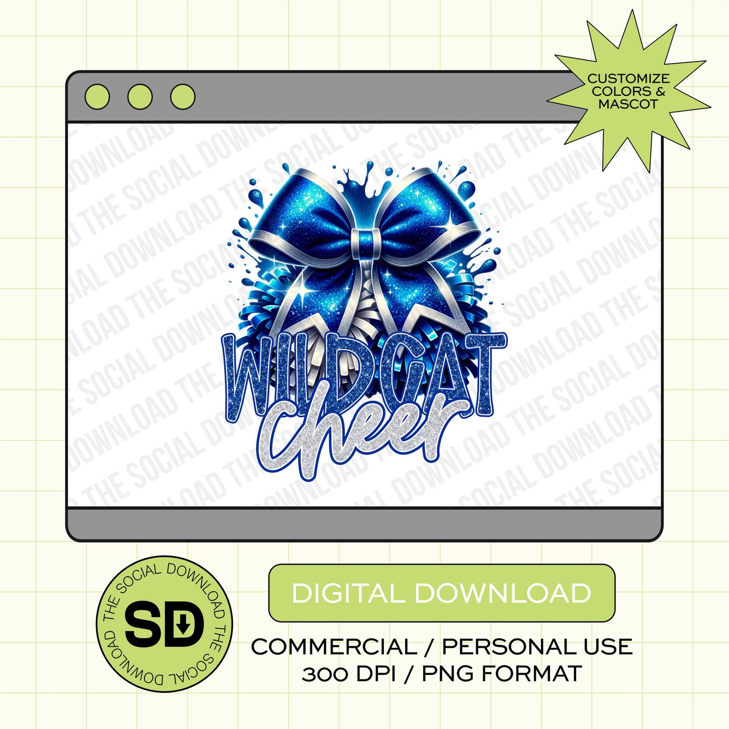 Cheer Splatter Glitter Bow Custom School Spirit PNG Download File, Cheer Mascot png, custom school png, DTF, Sublimation, (CHEER1008)