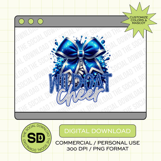 Cheer Splatter Glitter Bow Custom School Spirit PNG Download File, Cheer Mascot png, custom school png, DTF, Sublimation, (CHEER1008)
