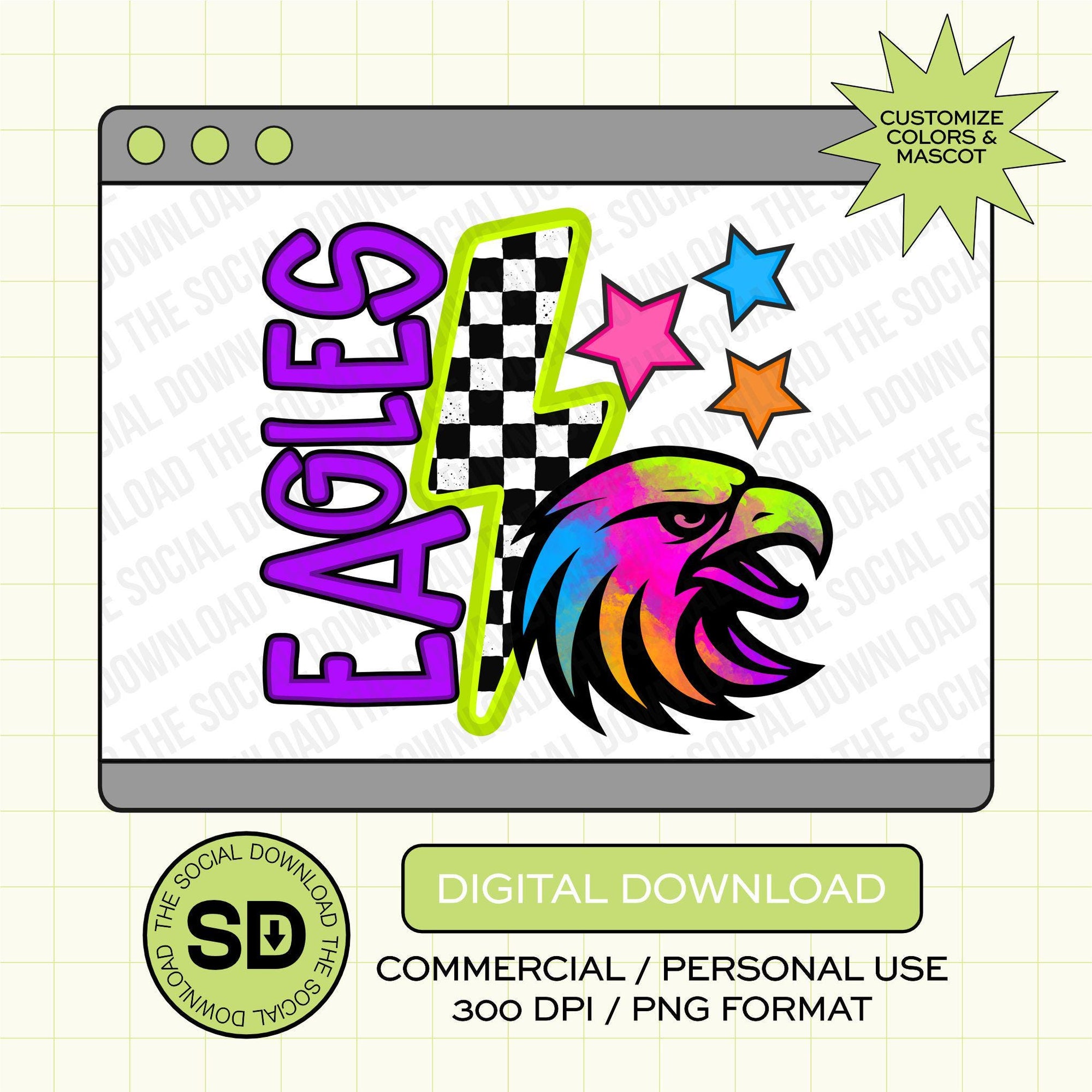 Neon Checkered Bolt Mascot Custom School Spirit PNG File (SW1126)