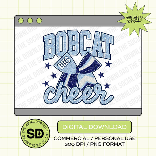 Faux Glitter Team Cheer Bow Custom School Spirit PNG Download File, Cheer Mascot png, custom school png, DTF, Sublimation, (CHEER1012)