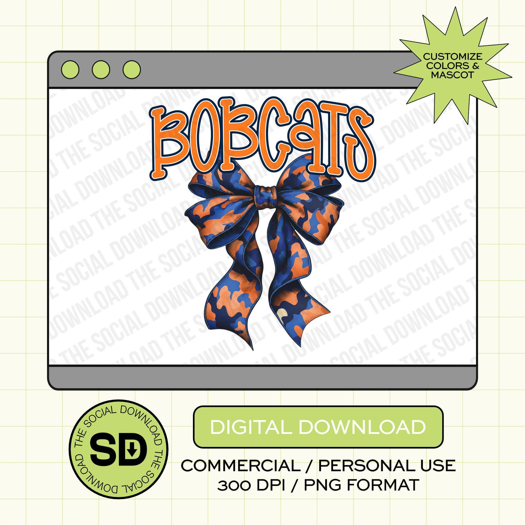 Camo Bow Mascot Mascot Custom School Spirit PNG File (SW1144)