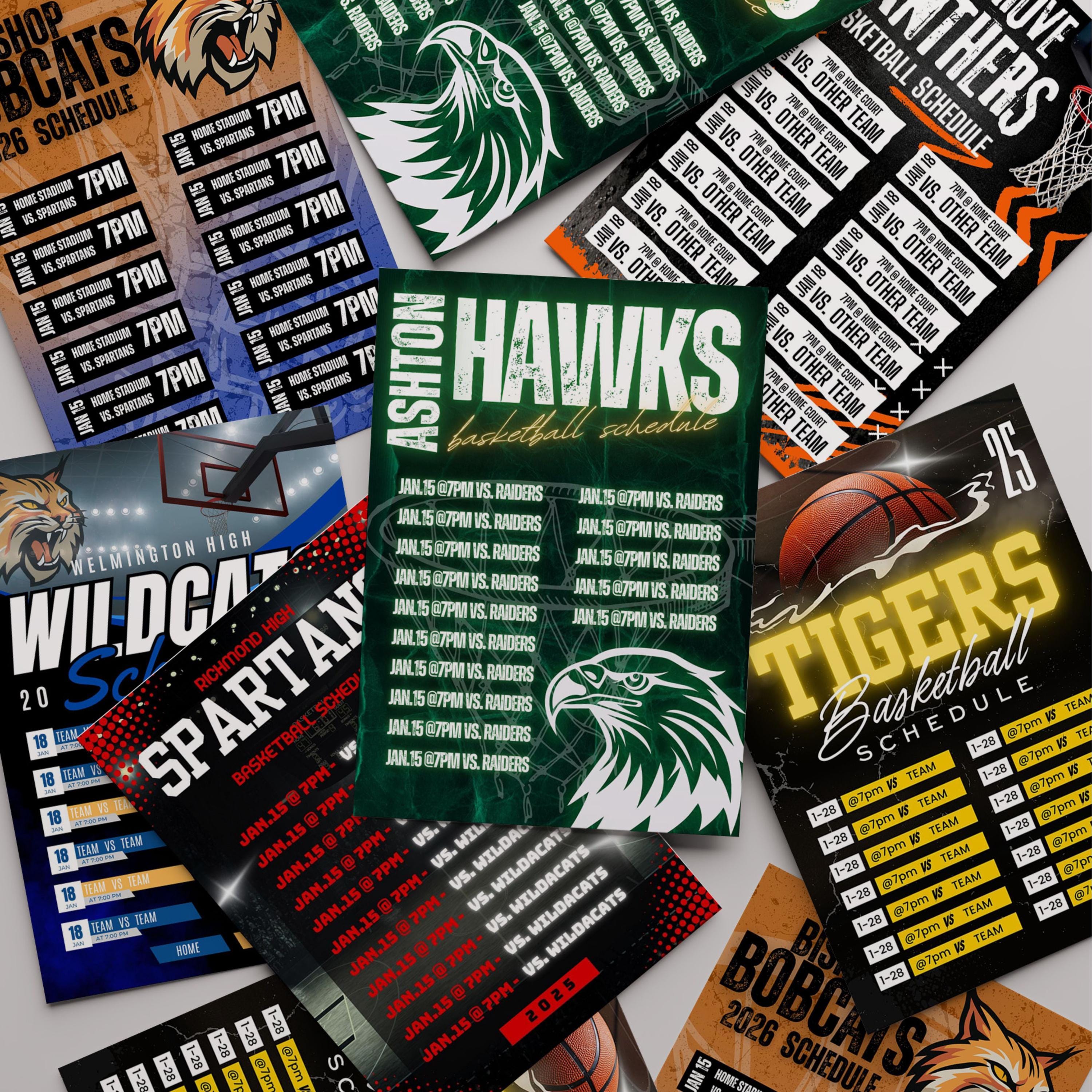 Halftone Basketball Team Schedule Canva Template (BSKTCT1003)