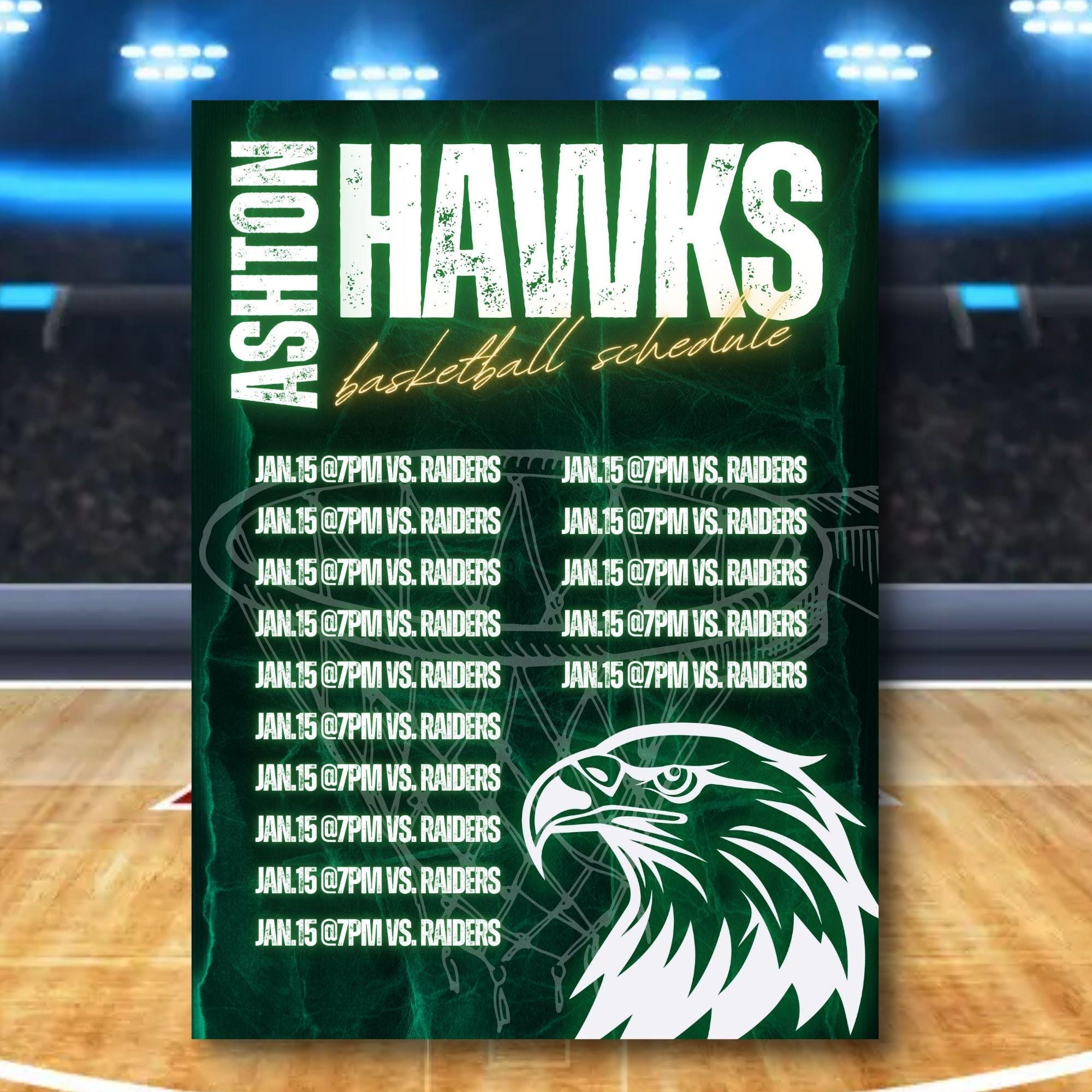 Distressed Neon Basketball Team Schedule Canva Template (BSKTCT1004)