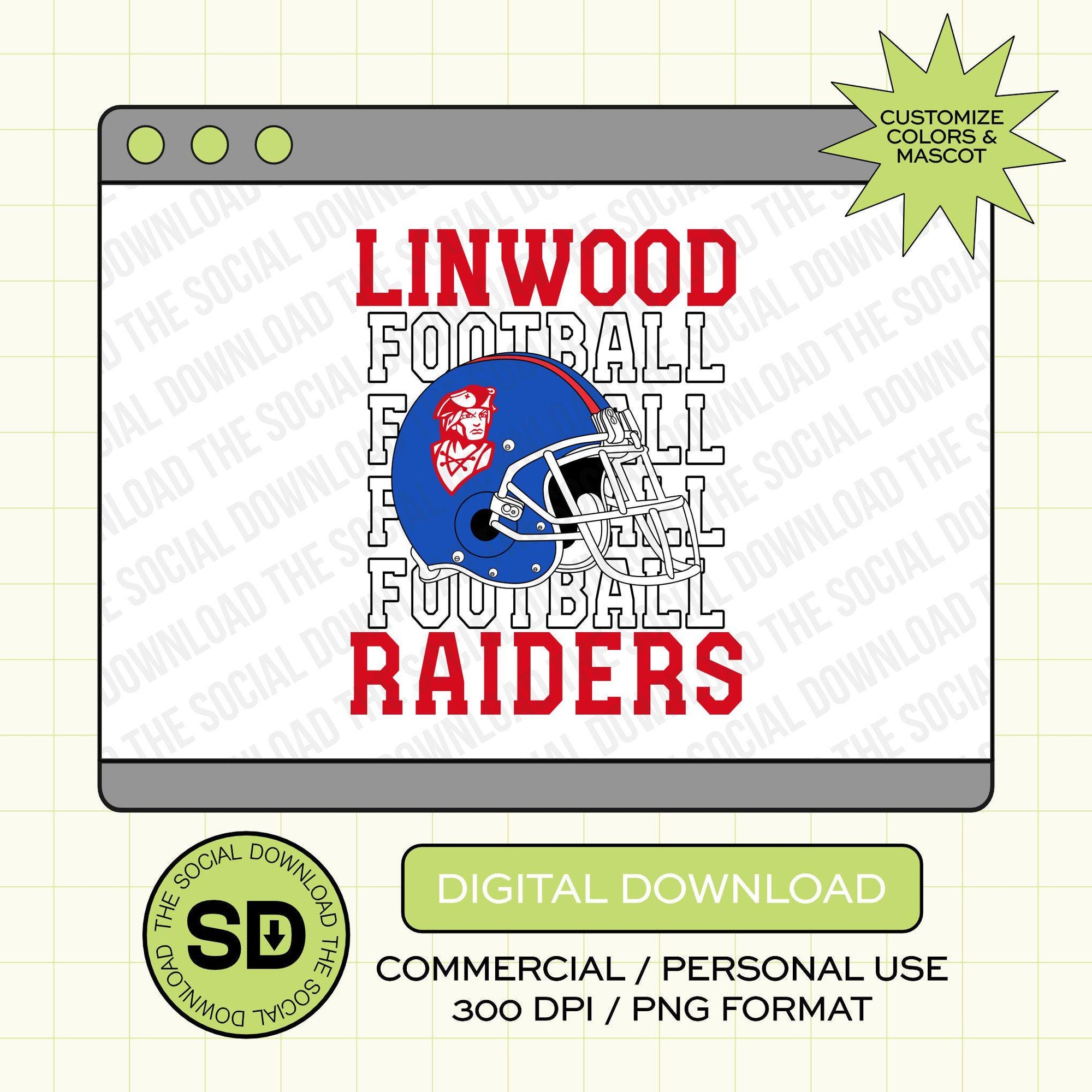 Outline Mascot Football Repeat Custom School Football PNG File (FB1019)