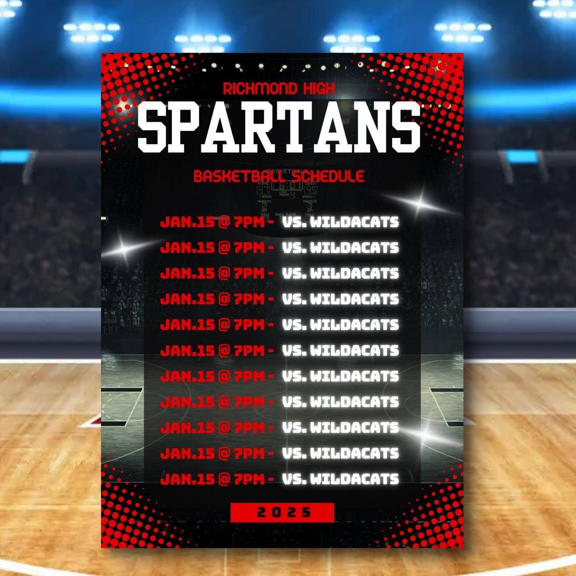 Halftone Basketball Team Schedule Canva Template (BSKTCT1003)