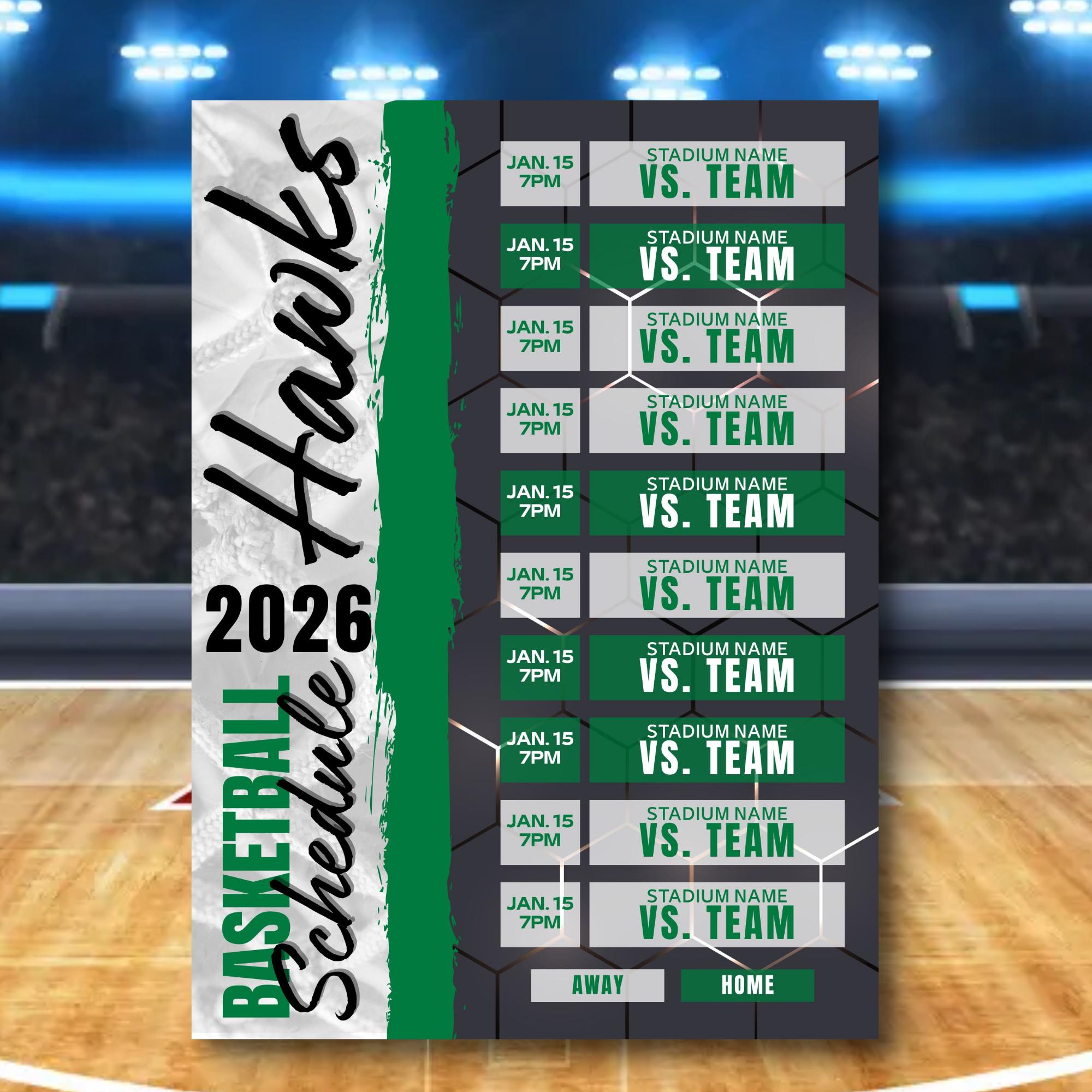 Hexagon Basketball Team Schedule, Canva Template, Custom Sports Canva Template (BSKTCT1008)