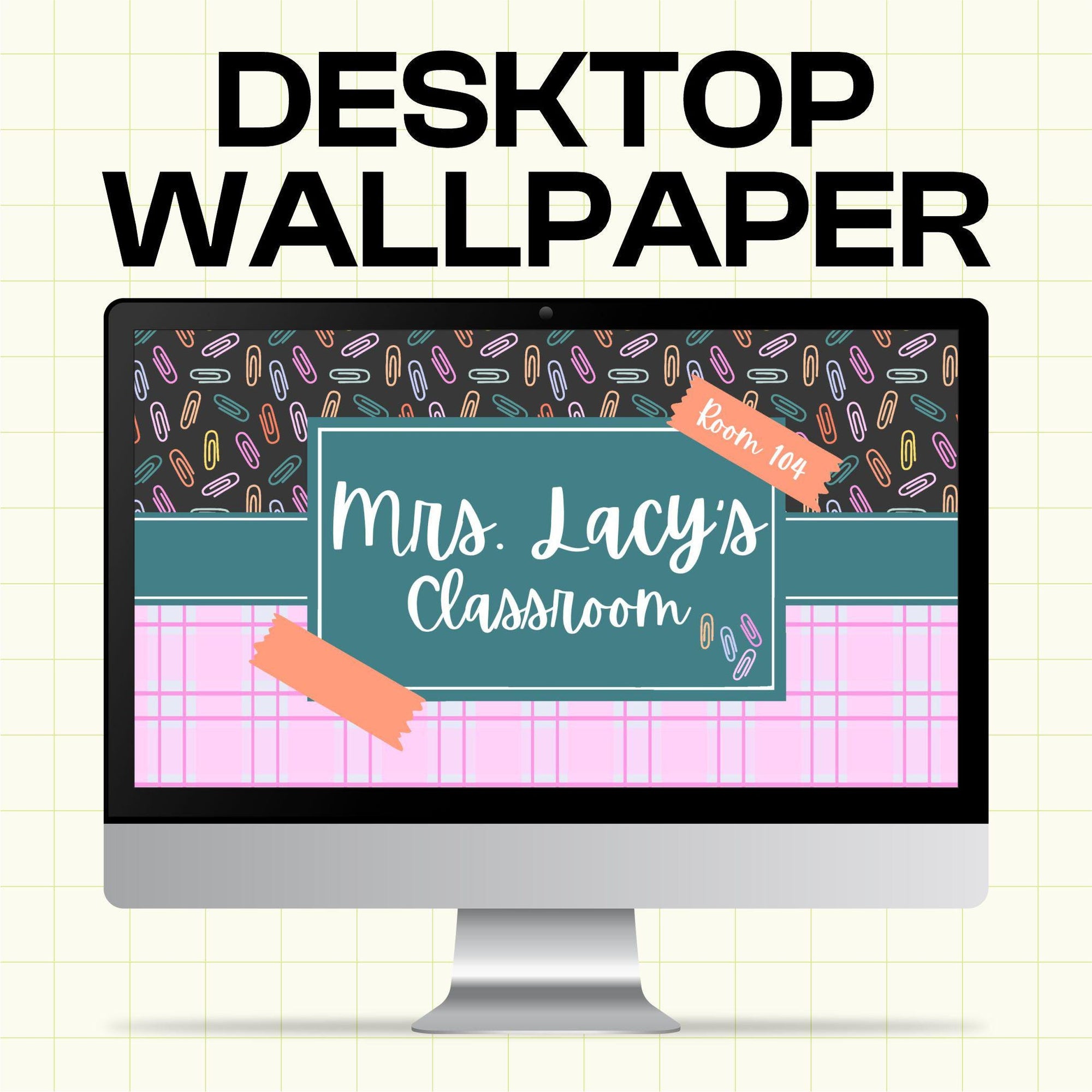 Editable Teacher Desktop Wall Paper - Neon Paperclips - Canva Template (TDW1006)