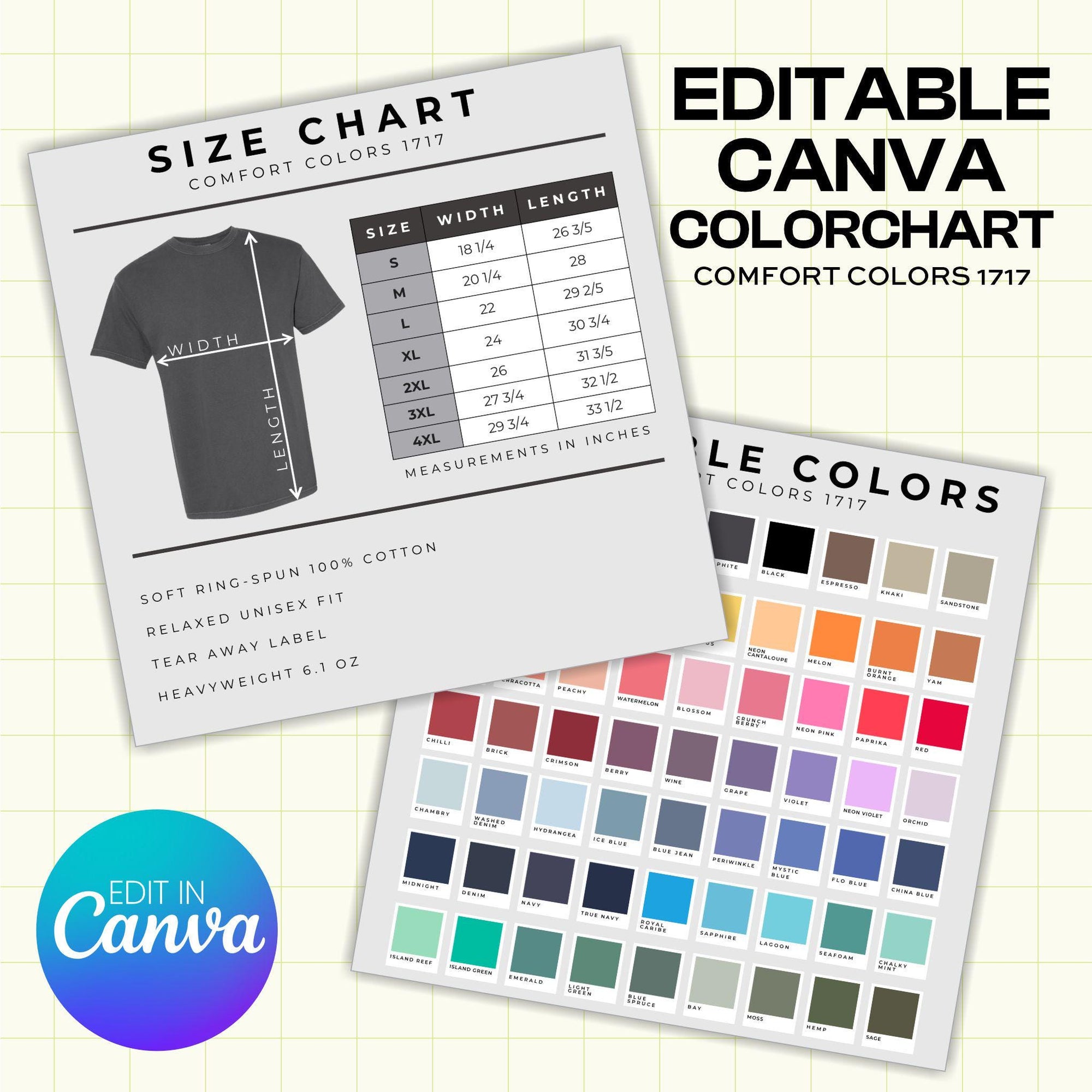 Comfort Colors 1717 Tee Color and Size Chart - Canva Template (CH1001)