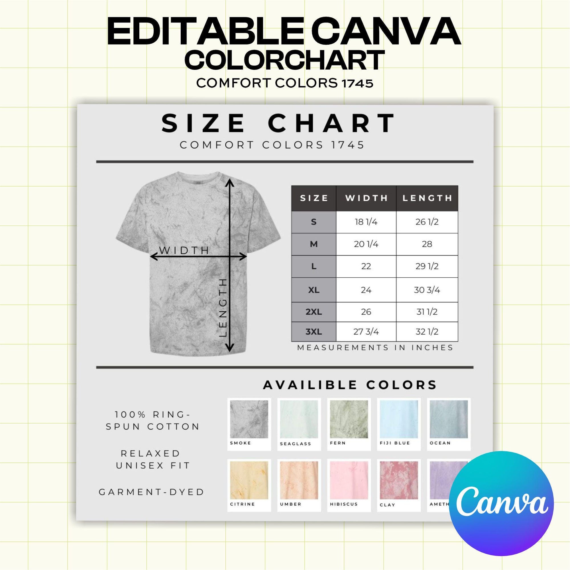 Comfort Colors 1745 Colorblast Tee Shirt Color and Size Chart- Canva Template (CH1003)