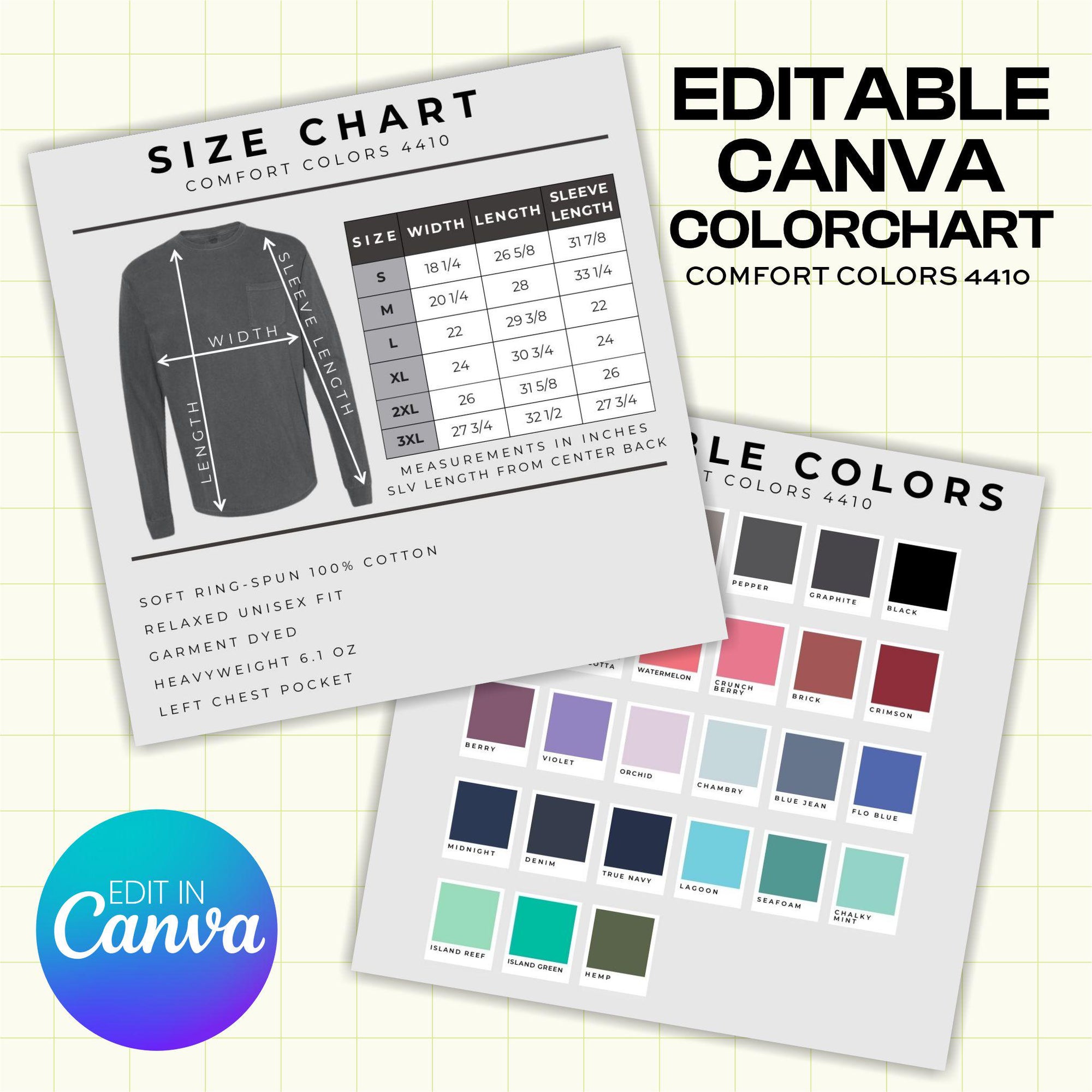 Canva Comfort Colors 4410 Long Sleeve Pocket Tee Color and Size Chart - Canva Template (CH1004)
