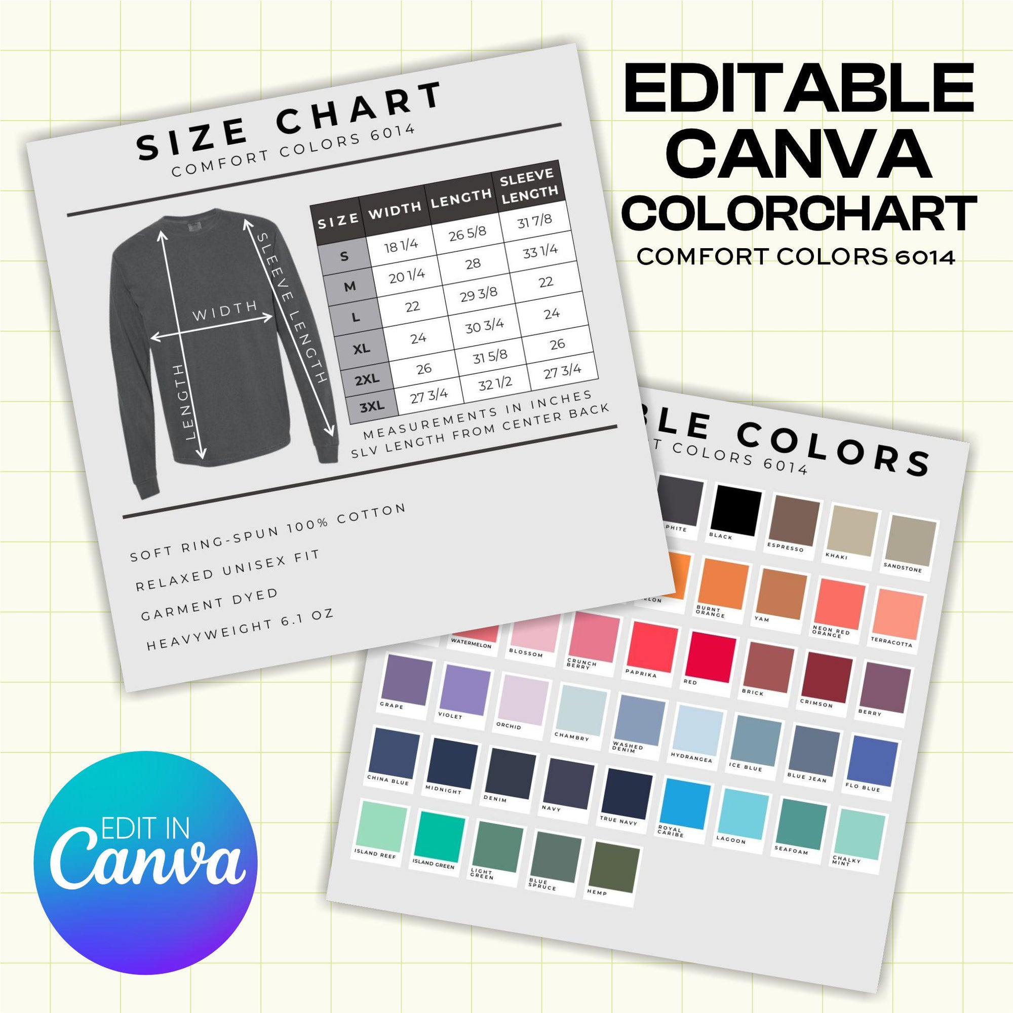 Canva Comfort Colors 6040 Long Sleeve Tee Color and Size Chart - Canva Template (CH1005)