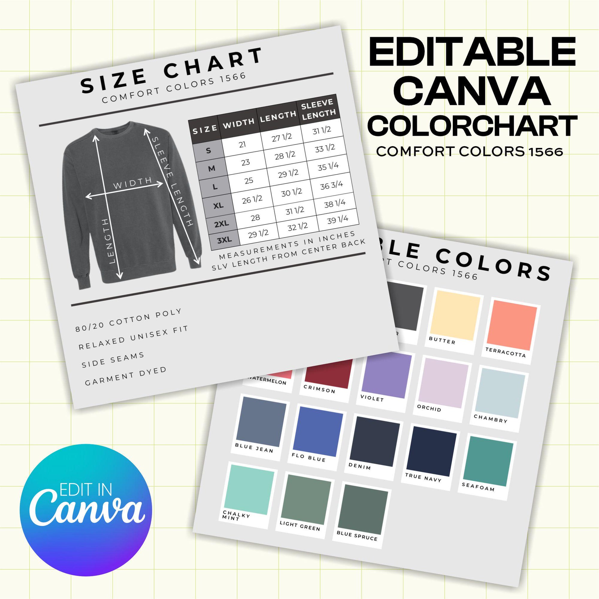 Comfort Colors 1566 Crew Sweatshirt Color and Size Chart - Canva Template (CH1006)