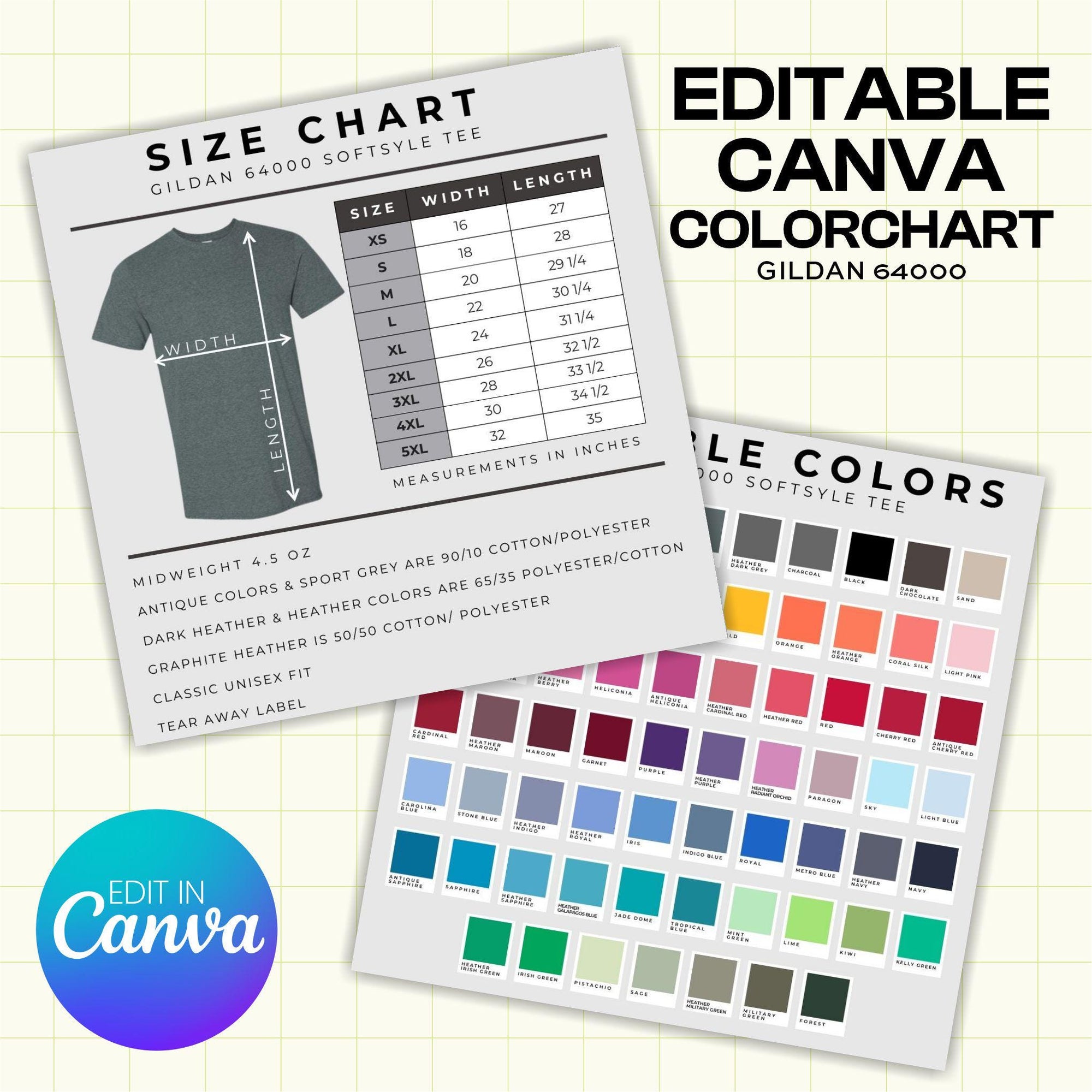 Gildan 64000 Softstyle Color and Size Chart - Canva Template Tee Template (G1002)