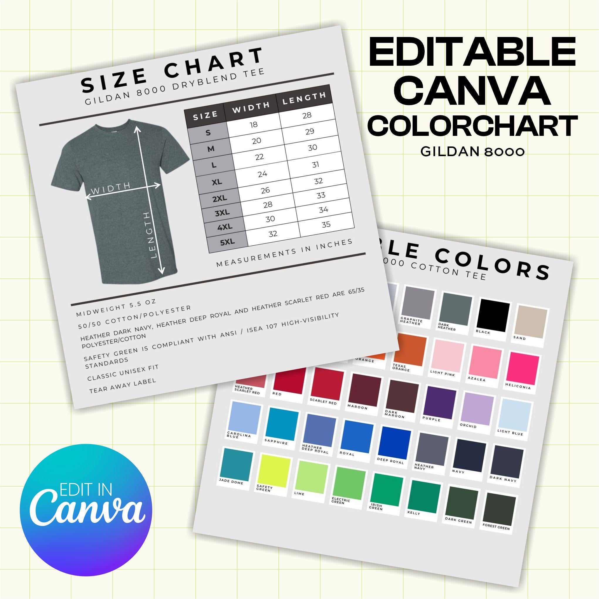 Gildan 8000 Dryblend Tee Color and Size Chart - Canva Template (G1003)
