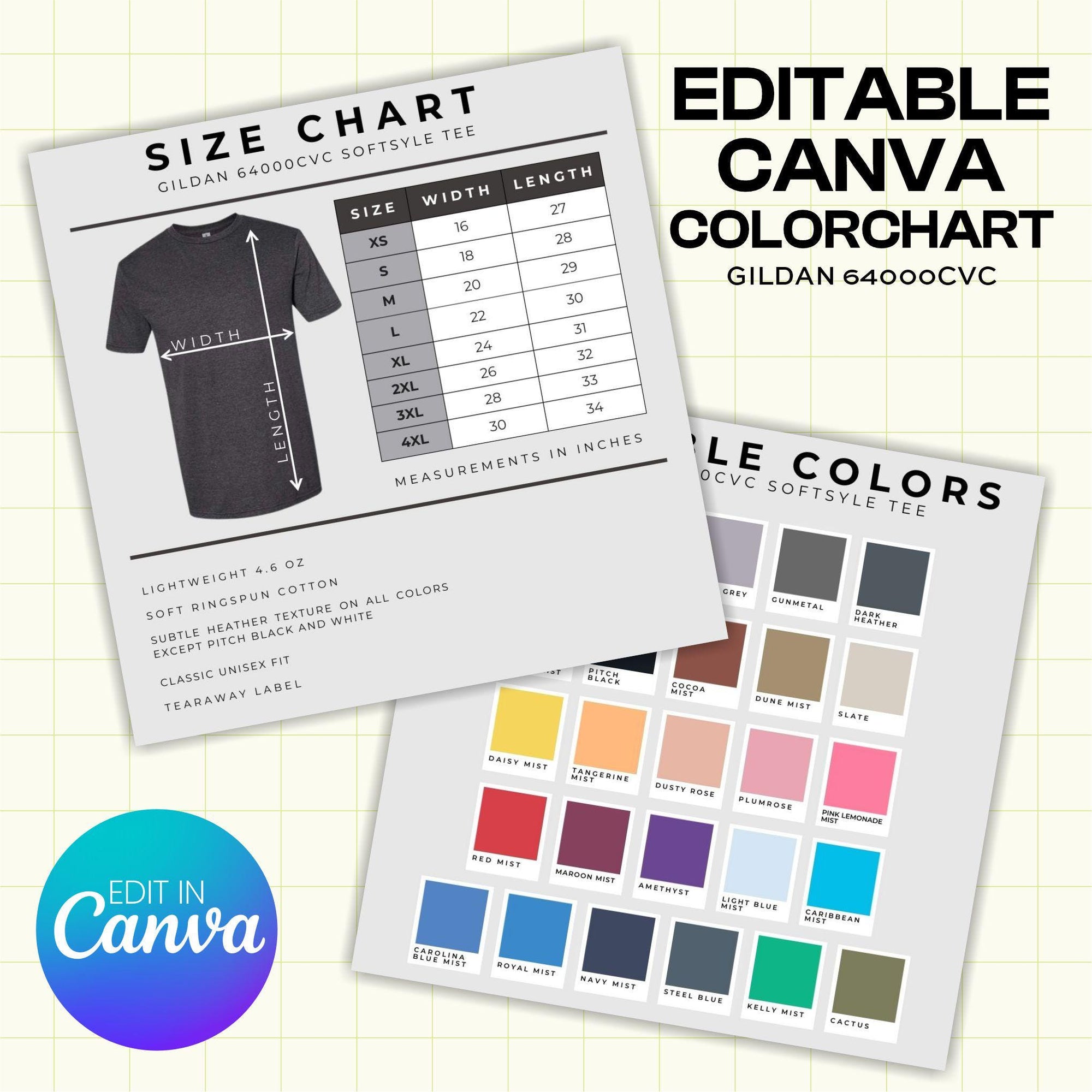 Gildan 64000CVC Softstyle Tee Color and Size Chart - Canva Template (G1004)