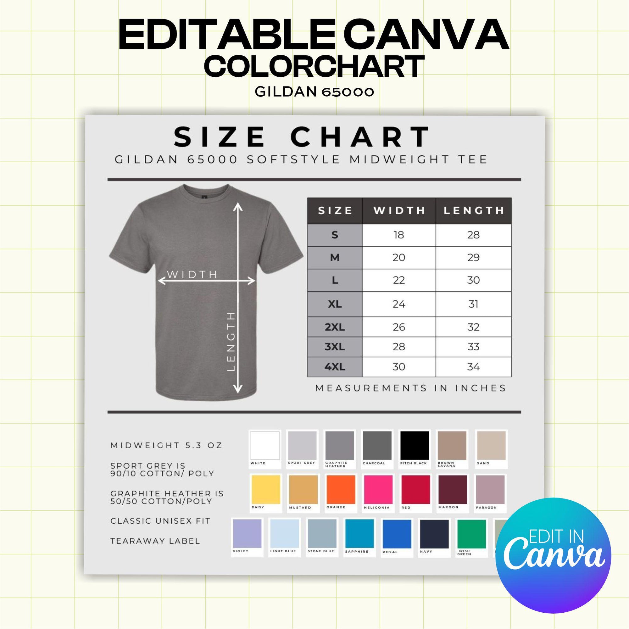 Gildan 65000 Softstyle Midweight Color and Size Chart - Canva Template (G1005)