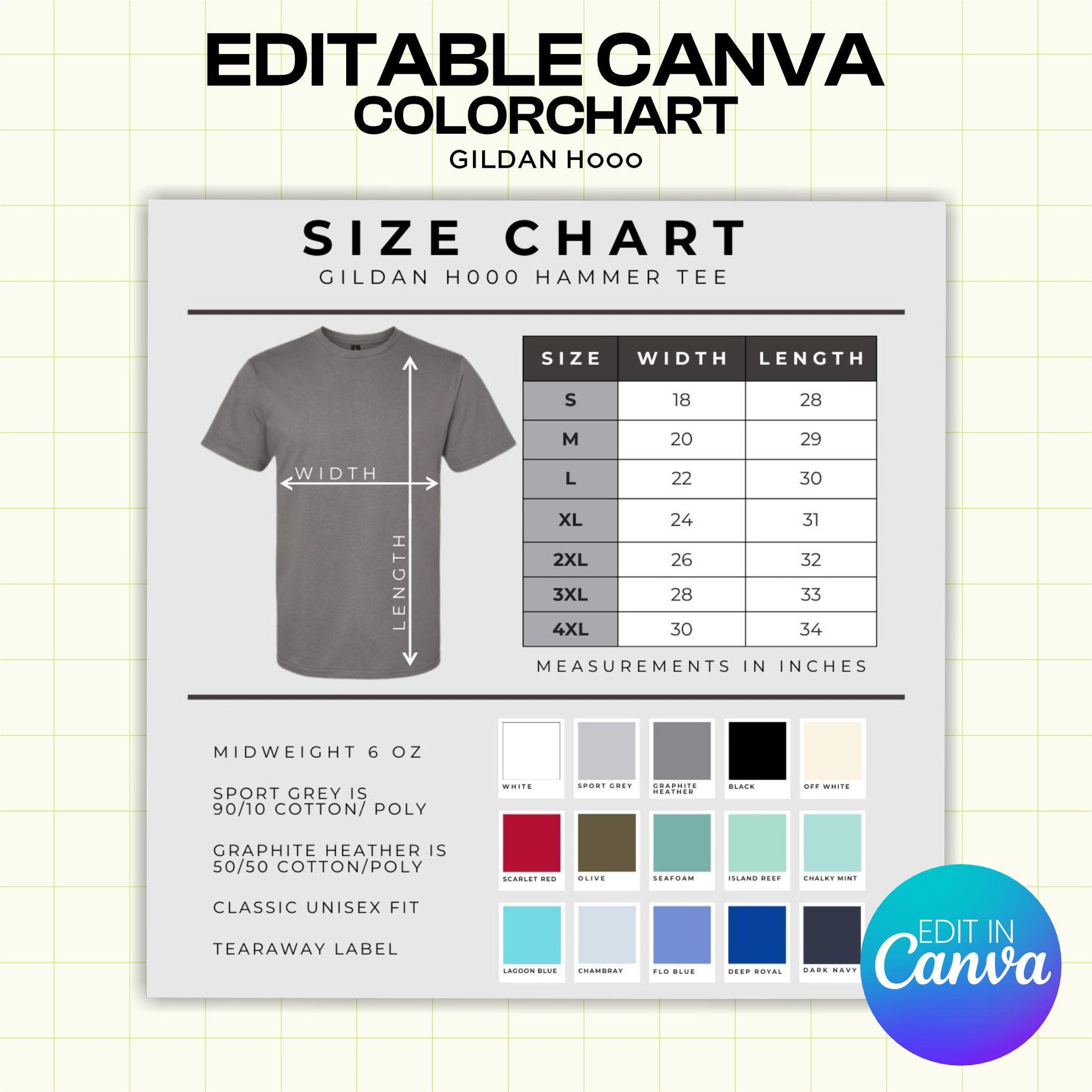 Gildan H000 Hammer Tee Color and Size Chart - Canva Template (G1006)