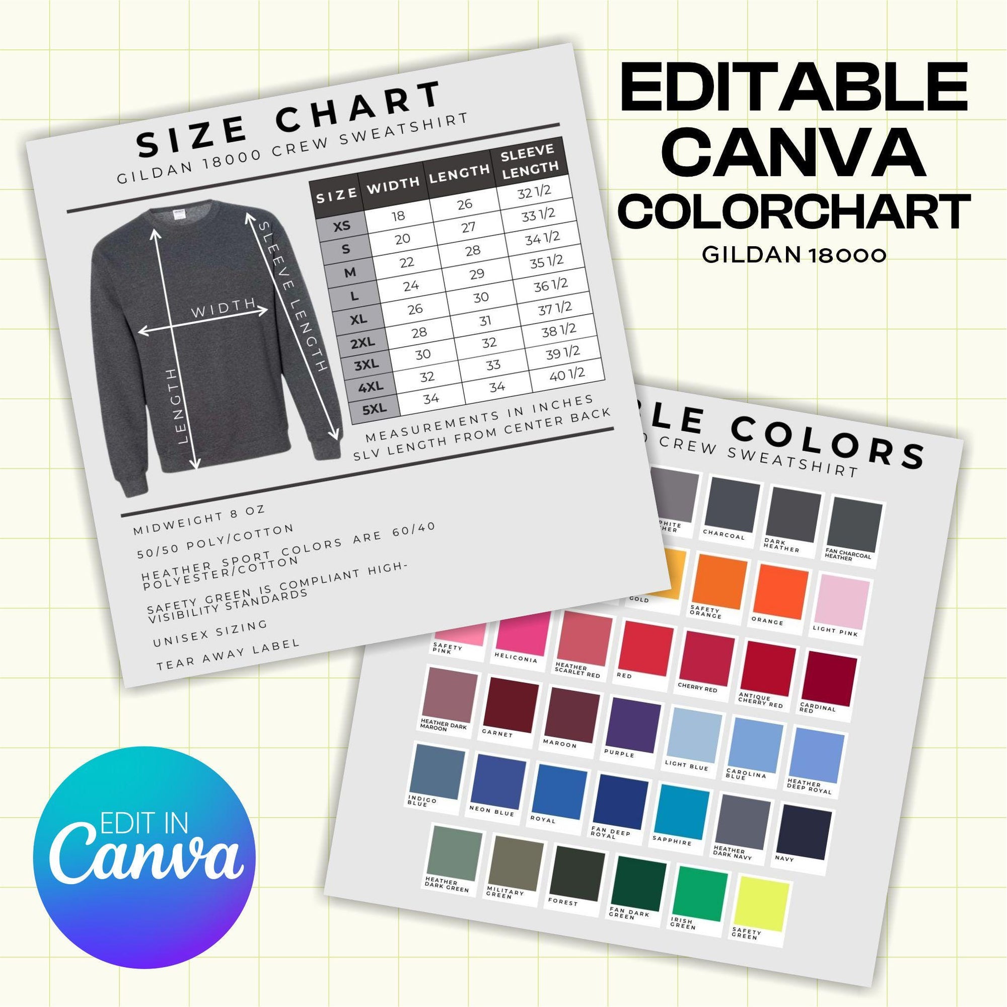 Gildan 18000 Crew Sweatshirt Color and Size Chart - Canva Template (G1007)