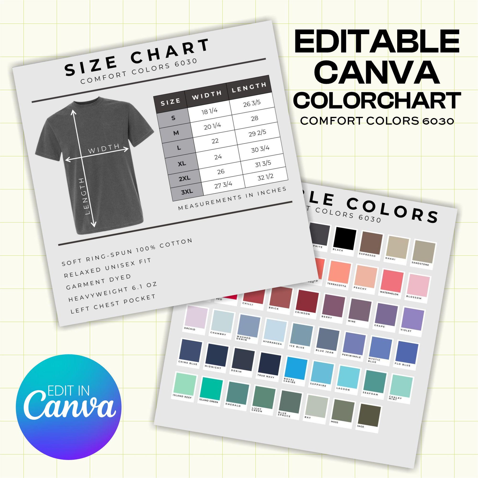 Comfort Colors 6030 Pocket Tee Color and Size Chart - Canva Template (CH1002)