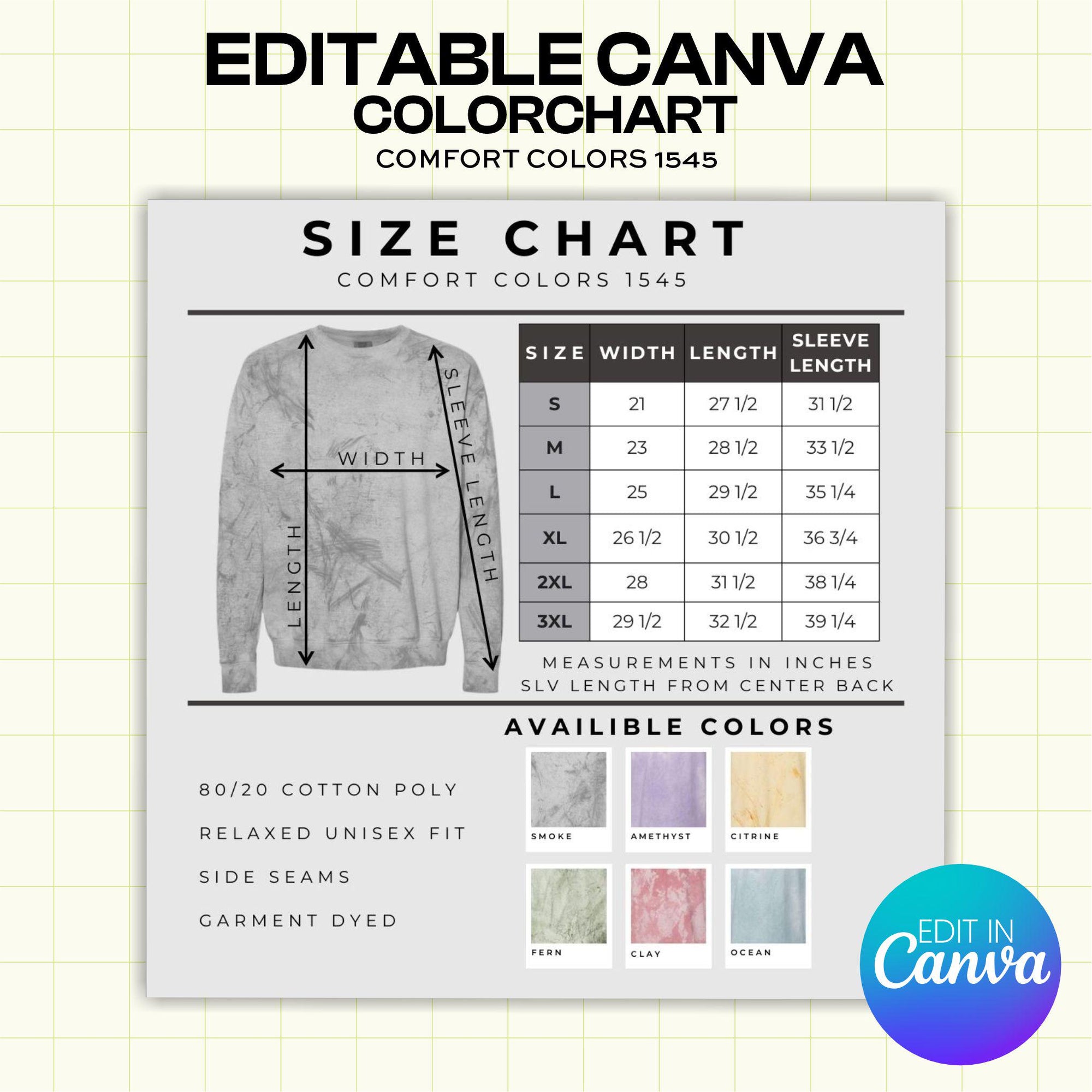 Comfort Colors 1545 Colorblast Sweatshirt Color and Size Chart - Canva Template (CH1007)