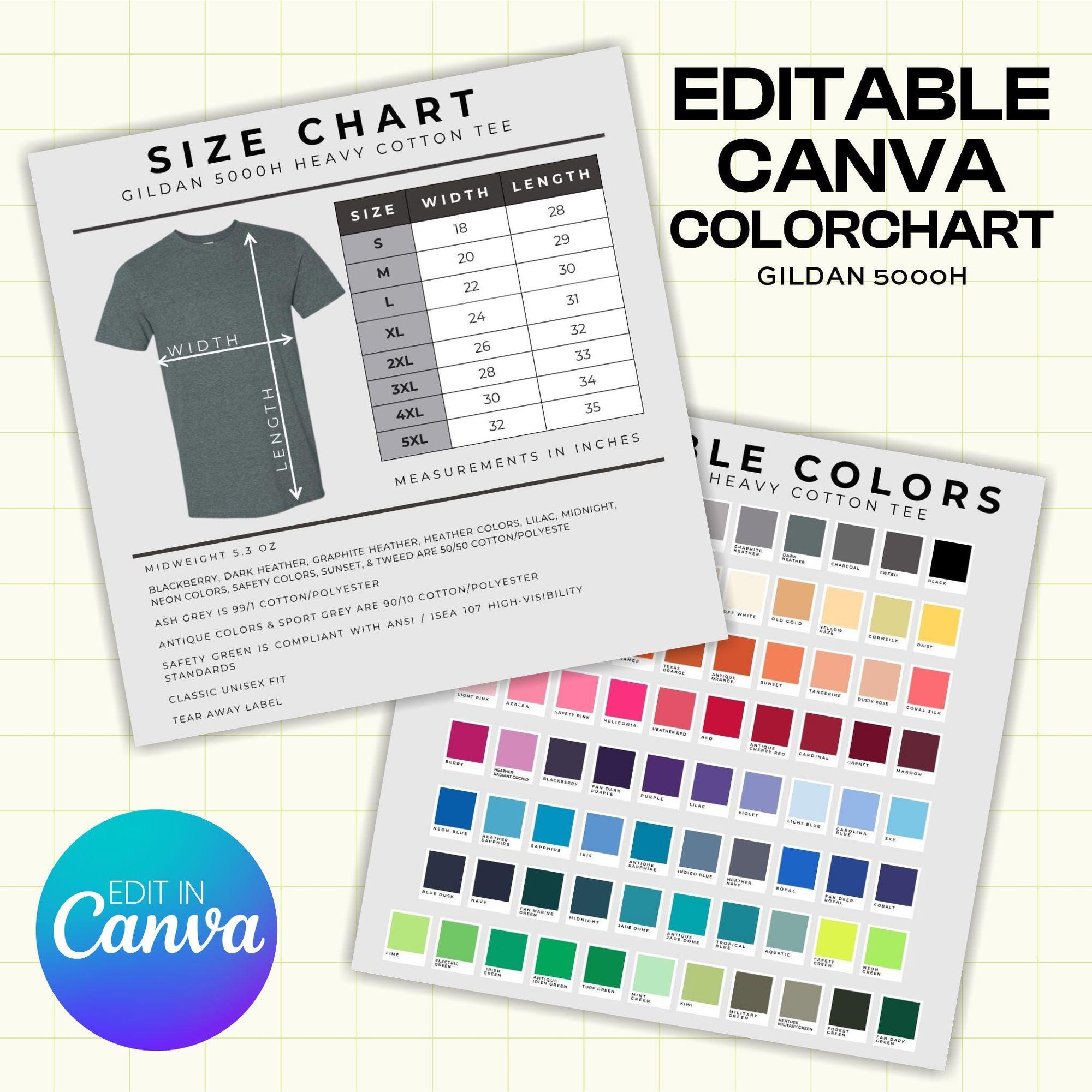 Gildan 5000 Heavy Cotton Tee Color and Size Chart - Canva Template (G1001)