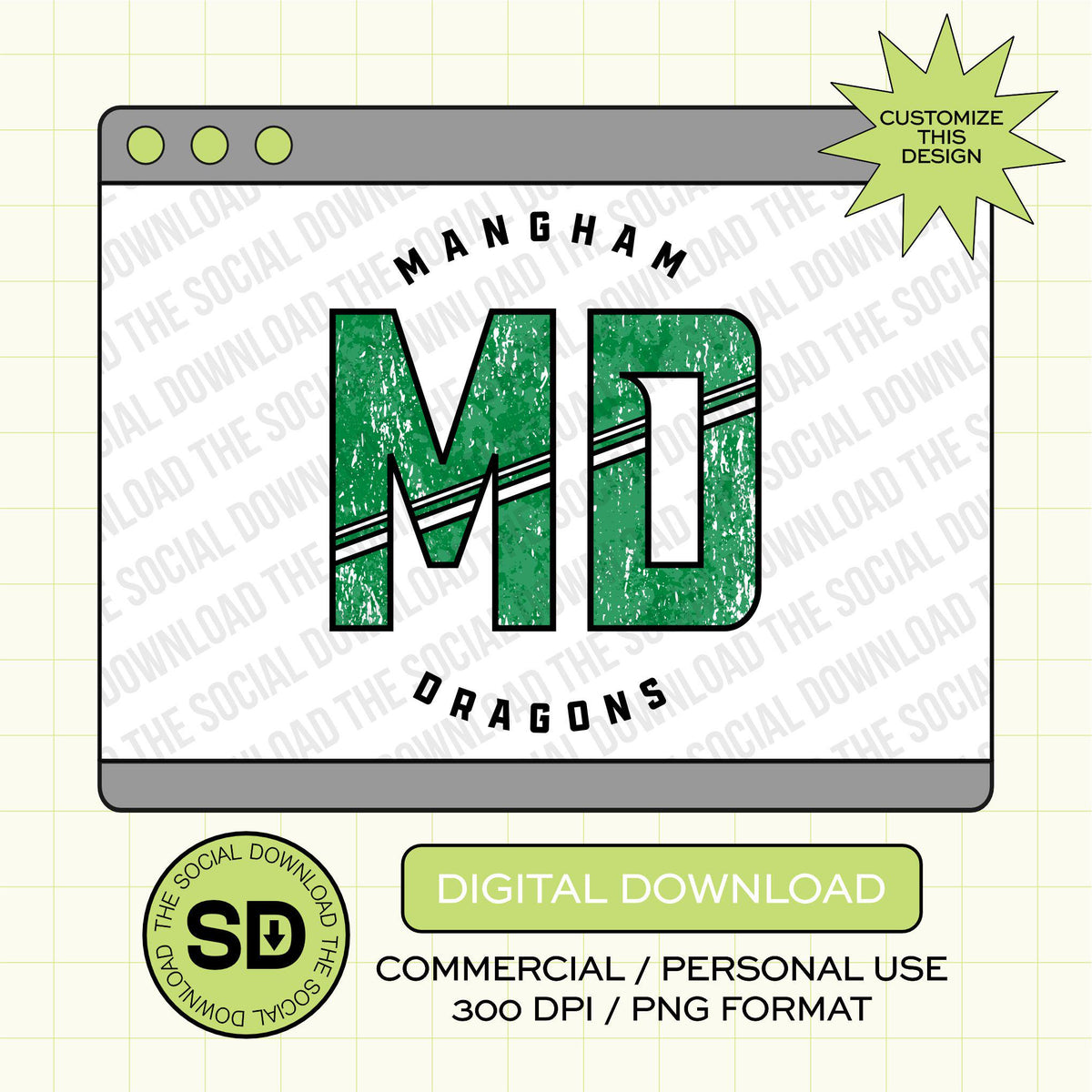 Sporty Distressed Mascot Custom School Spirit PNG File (SW1170)