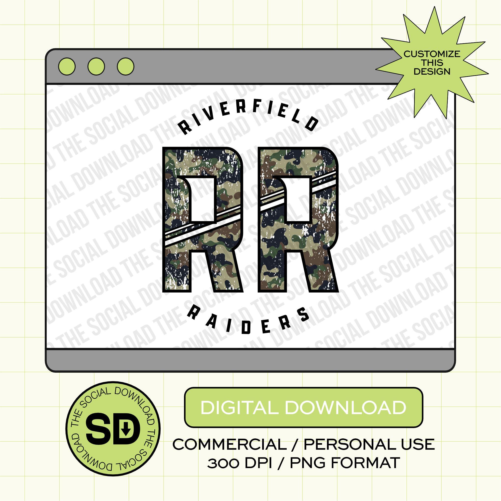Sporty Distressed Camo Mascot Custom School Spirit PNG Download File, custom school png, spirit png, DTF, Sublimation, dtg (SW1170-CAMO)