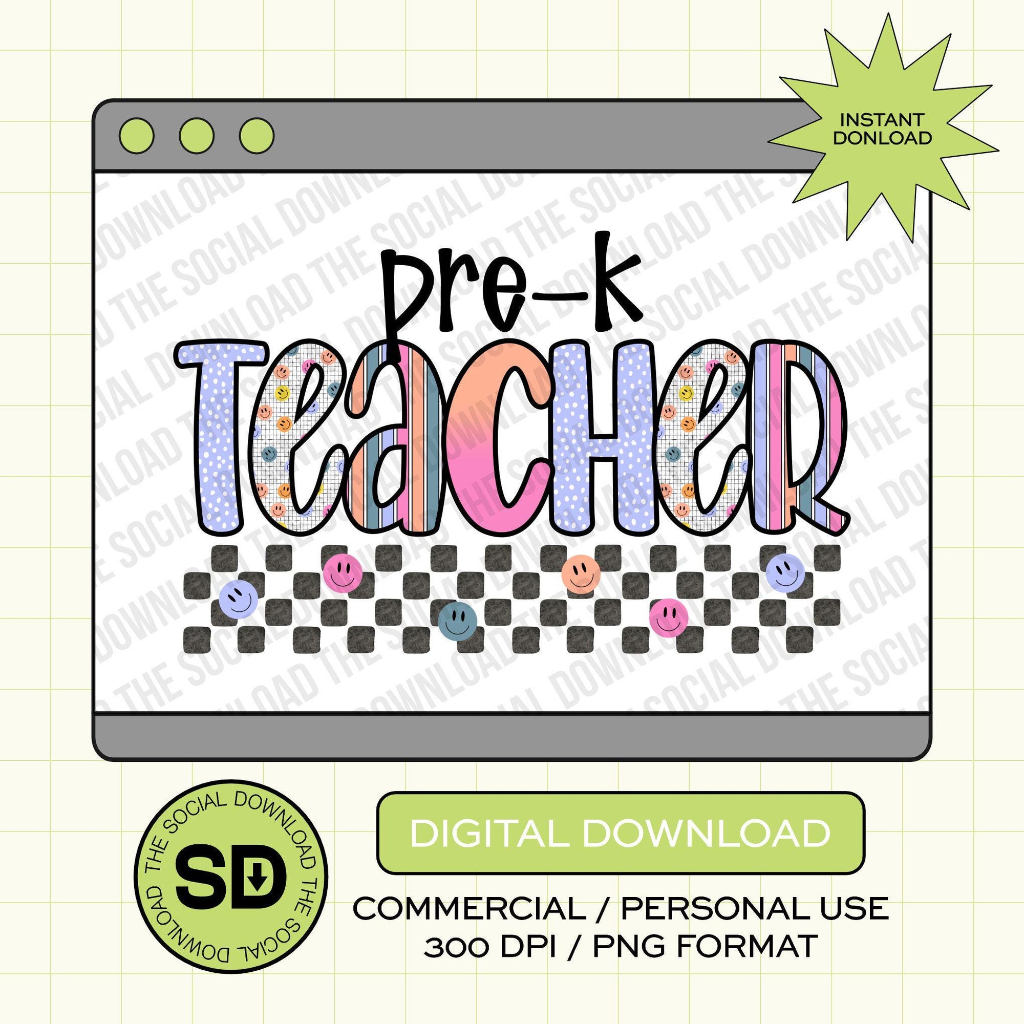 Pixel Grid Pre-K Teacher- Instant Download PNG (TEACH-PG1001)