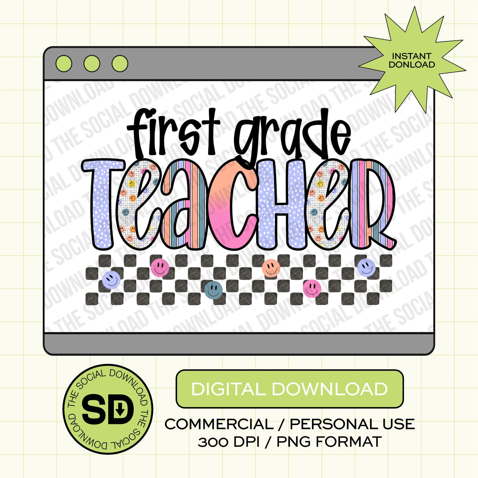 Pixel Grid First Grade Teacher- Instant Download PNG (TEACH-PG1004)