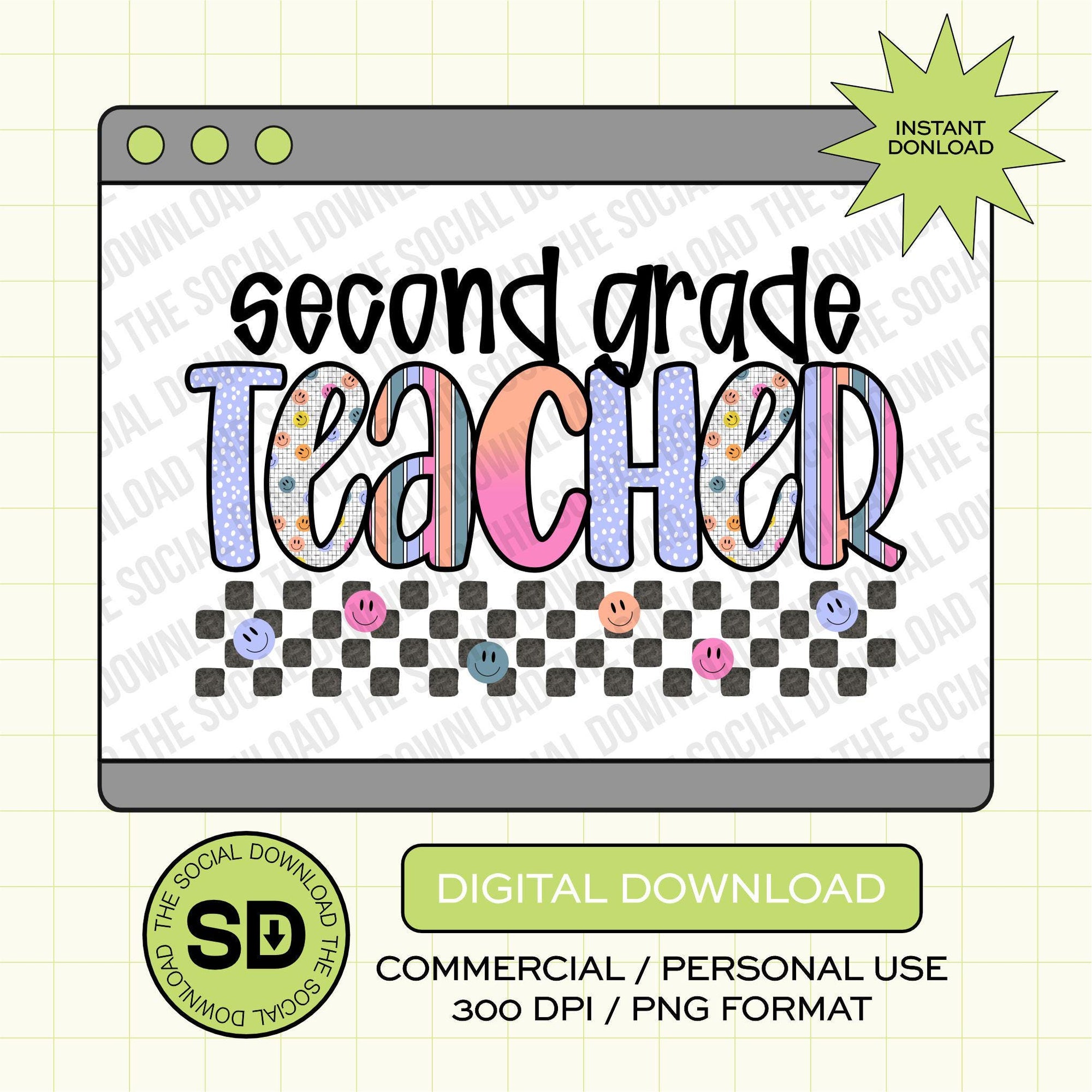 Pixel Grid Second Grade Teacher- Instant Download PNG (TEACH-PG1005)