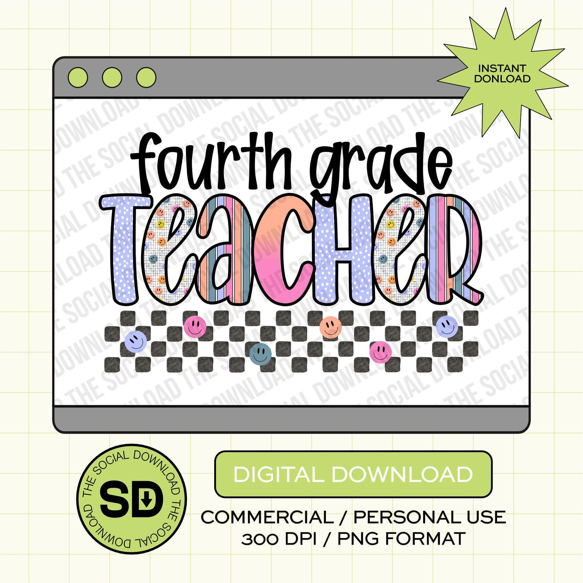Pixel Grid Fourth Grade Teacher- Instant Download PNG (TEACH-PG1007)