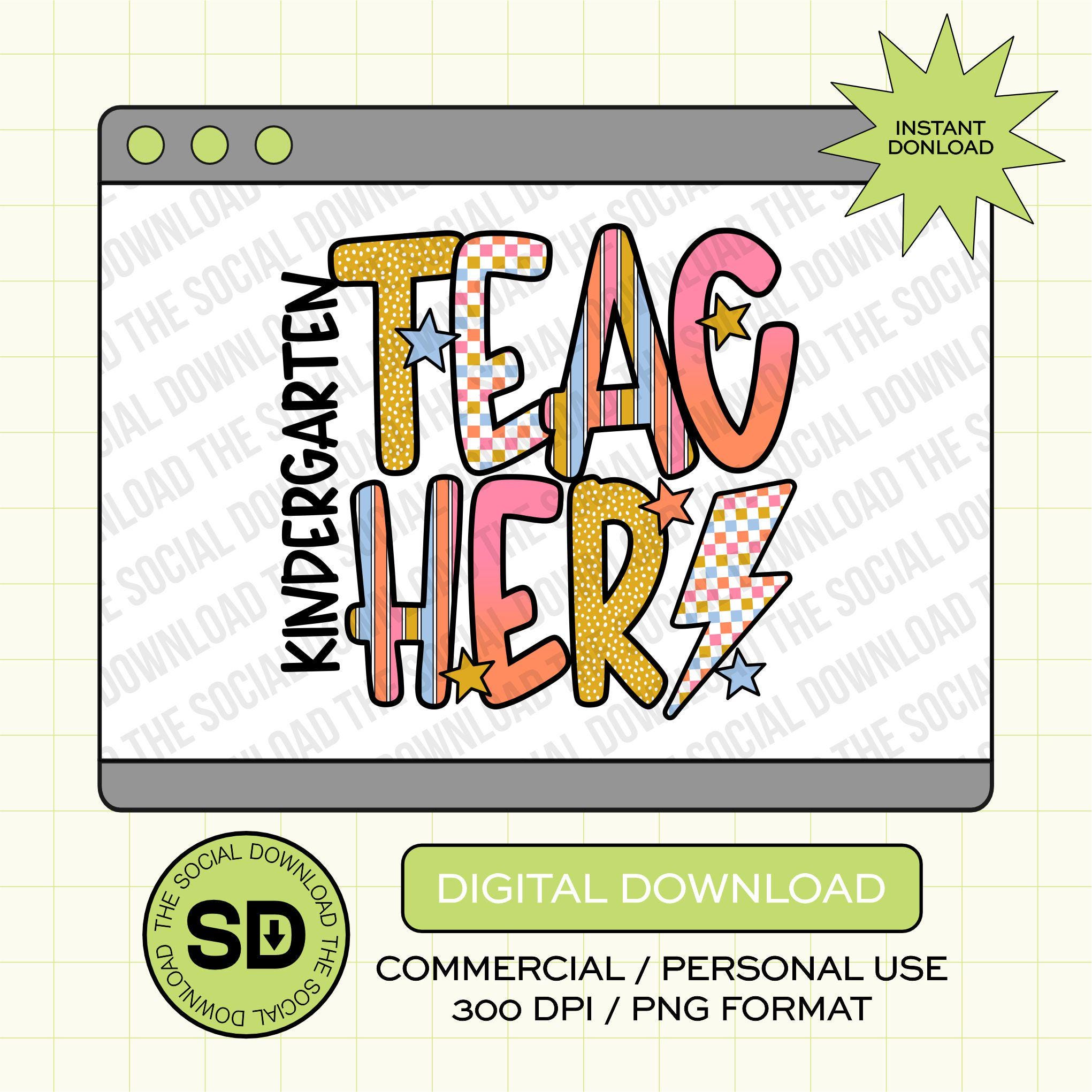 Retro Sunset Kindergarten Teacher- Instant Download PNG (TEACH-RS1003)