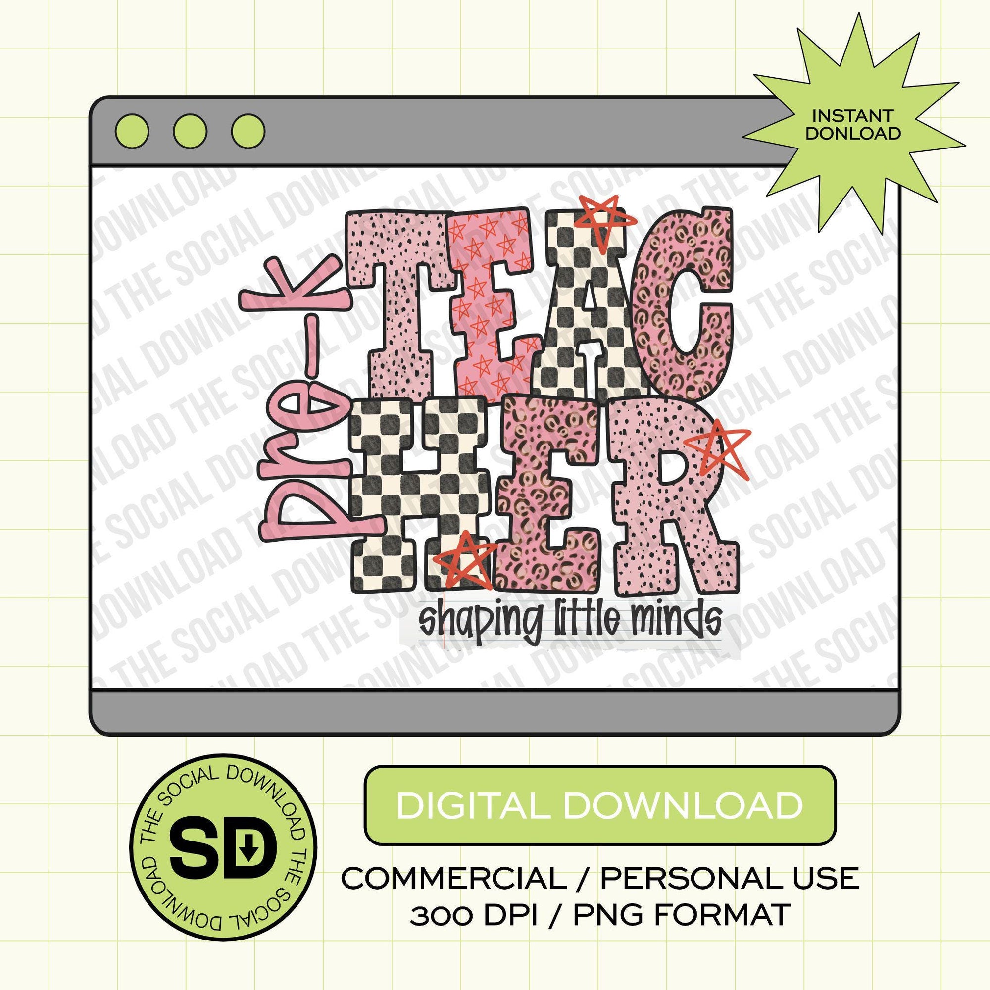 Cute Punk Pre K Teacher- Instant Download PNG (TEACH-CP1001)