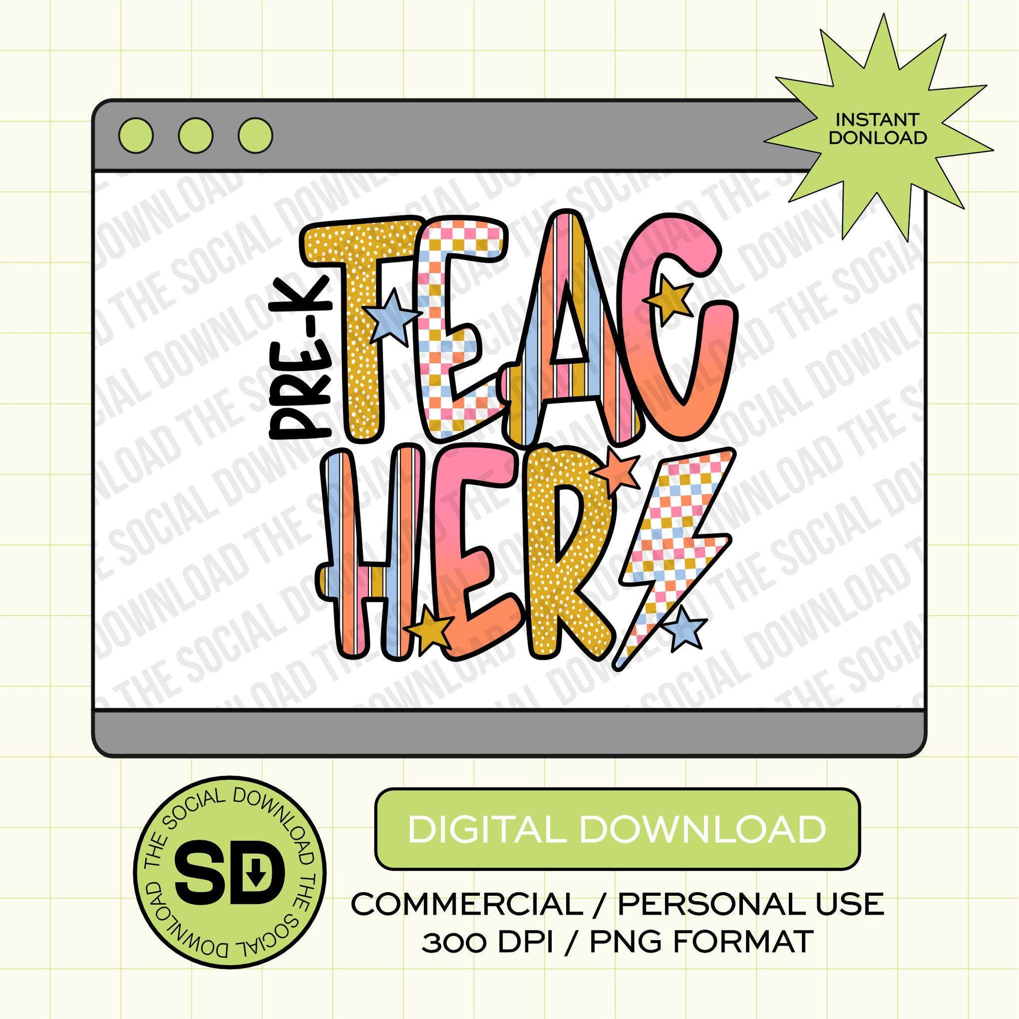 Retro Sunset Pre-K Teacher- Instant Download PNG (TEACH-RS1001)