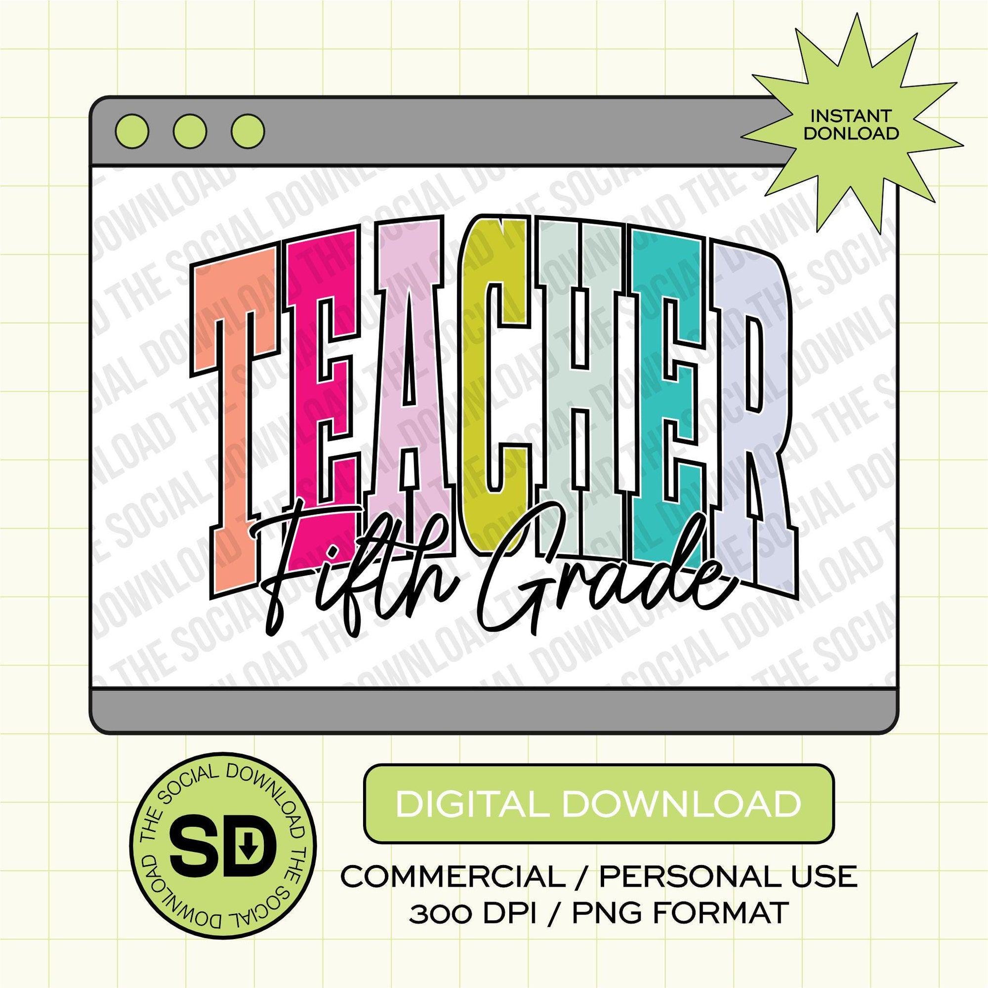 Varsity Color Block Fifth Grade Teacher- Instant Download PNG (TEACH-VCB1008)
