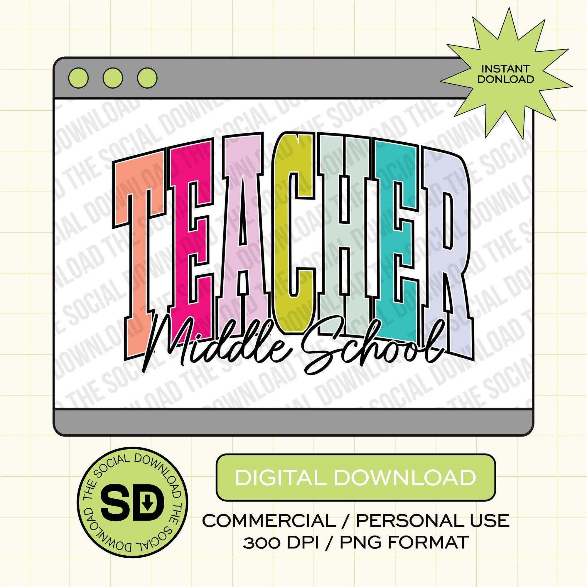 Varsity Color Block Middle School Teacher- Instant Download PNG (TEACH-VCB1010)