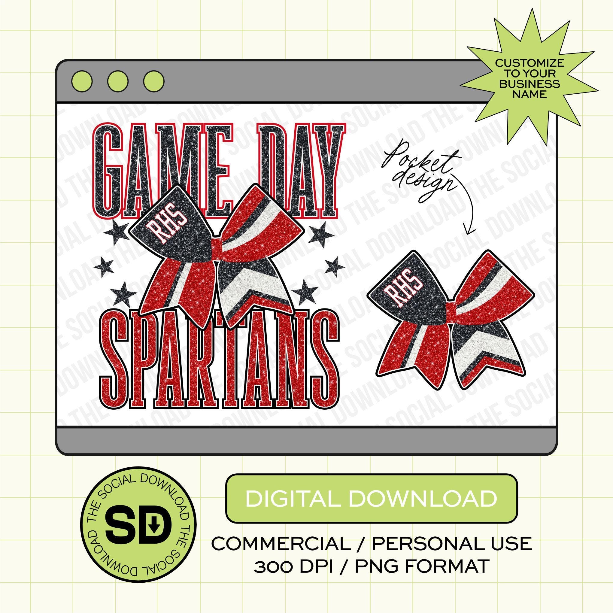 Game Day Faux Glitter Bow Custom School Spirit PNG Download File, custom school png, spirit png, DTF, Sublimation, dtg (SW1195)