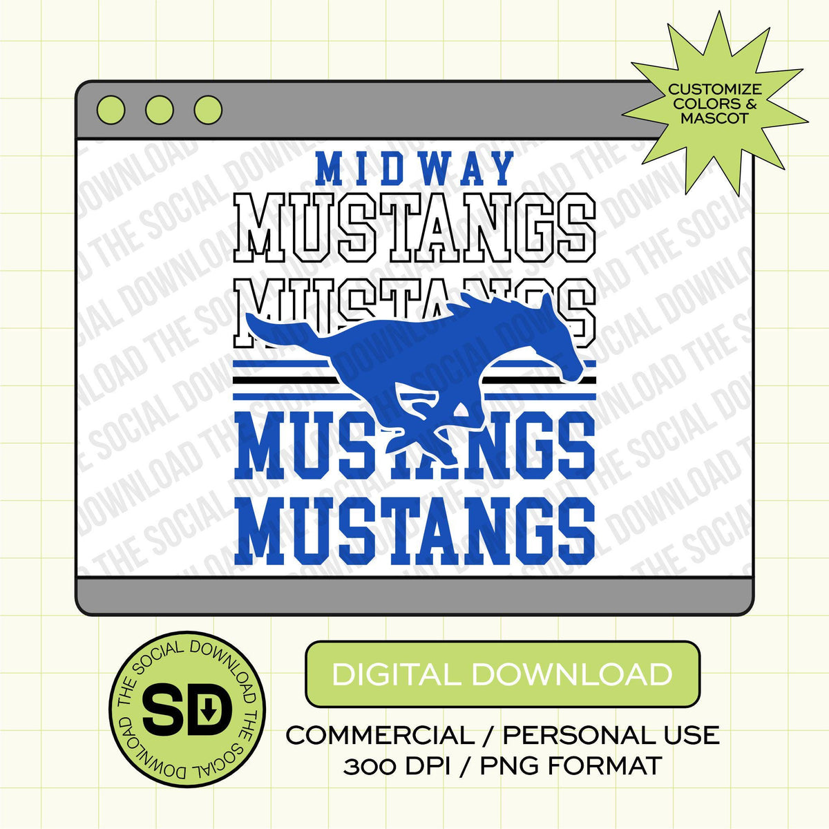 Inline Outline Mascot Repeat Custom School Spirit PNG File (SW1207)
