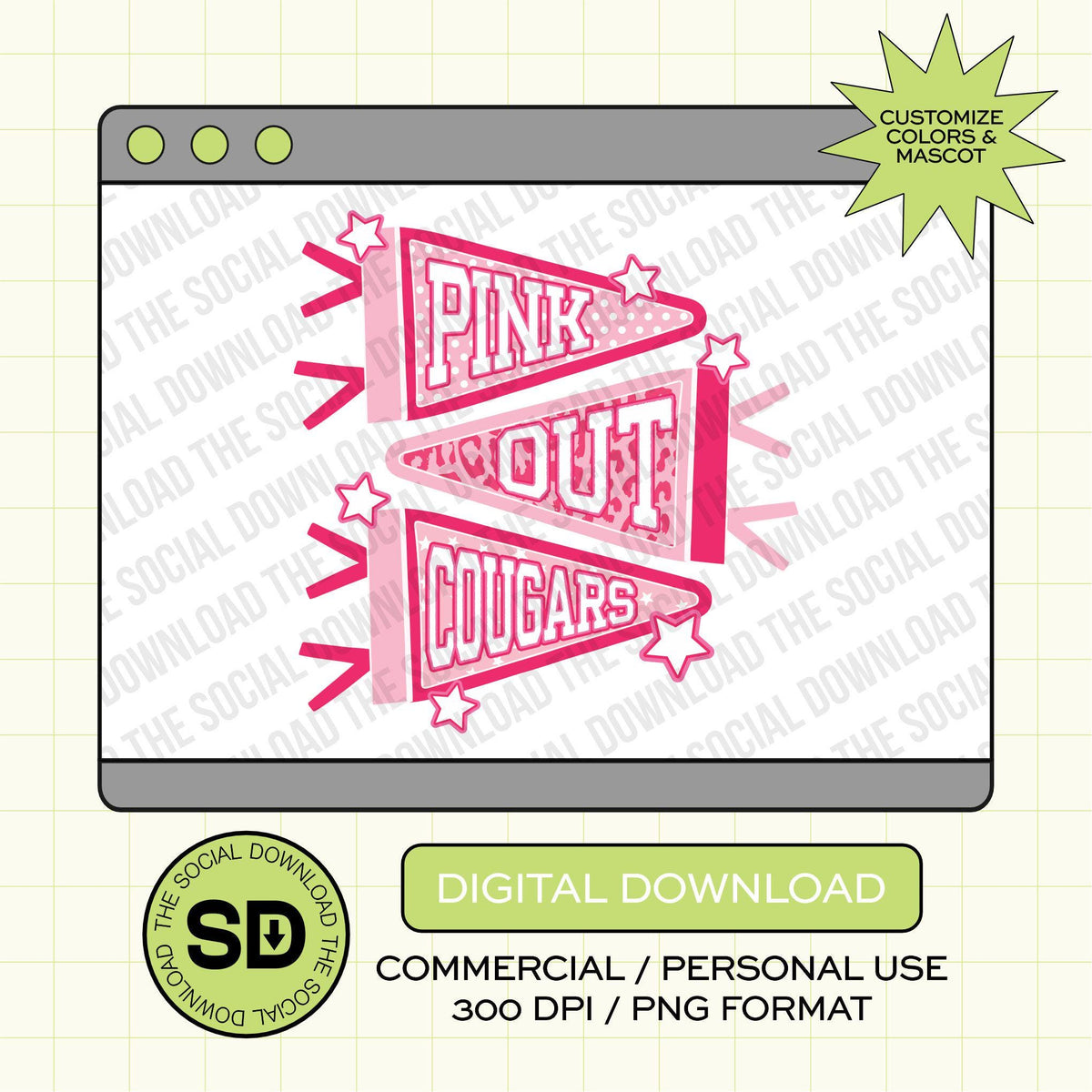 Pink Out Pennant Flags Mascot Custom School Spirit PNG Download File, custom school png, spirit png, DTF,  (SW1236)